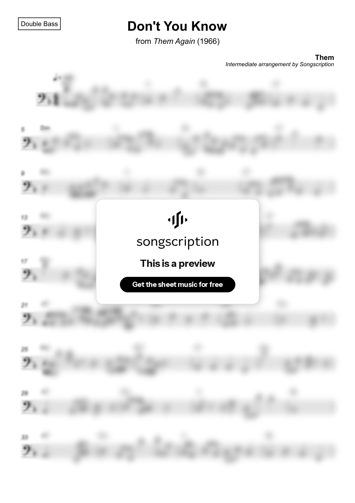 Intermediate Double Bass Sheet Music for "Don't You Know" by Them