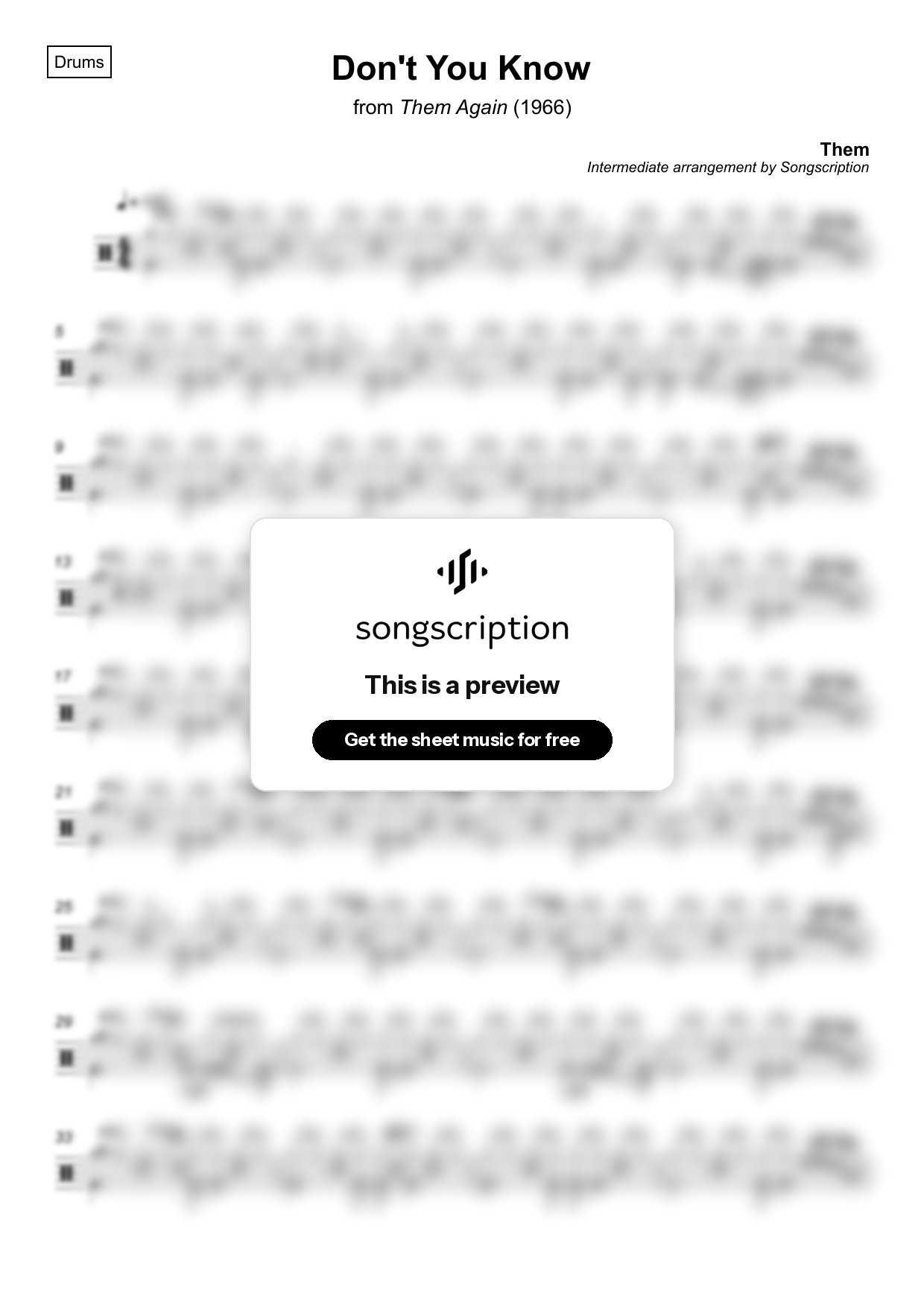 Intermediate Drums Sheet Music for "Don't You Know" by Them