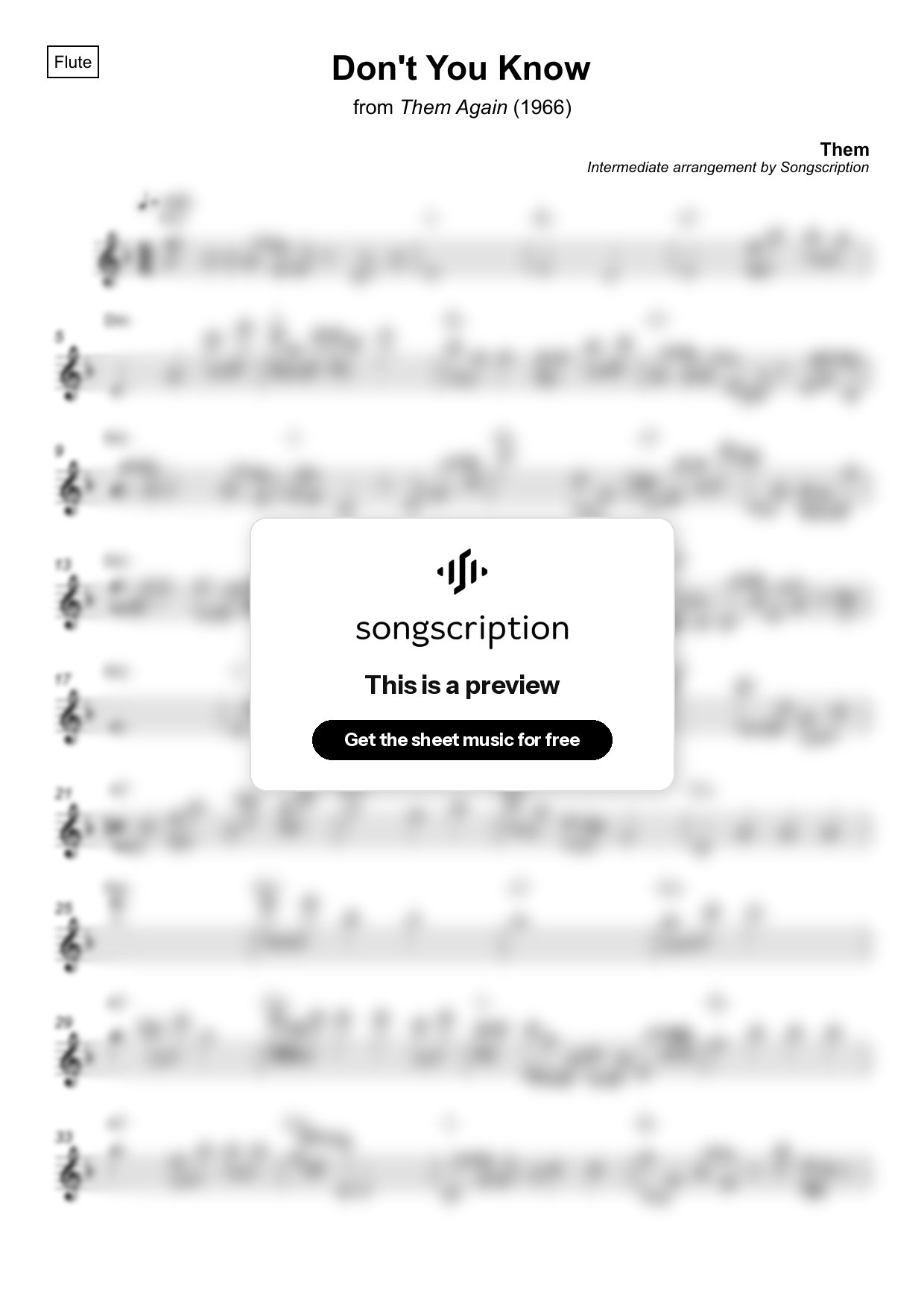 Intermediate Flute Sheet Music for "Don't You Know" by Them