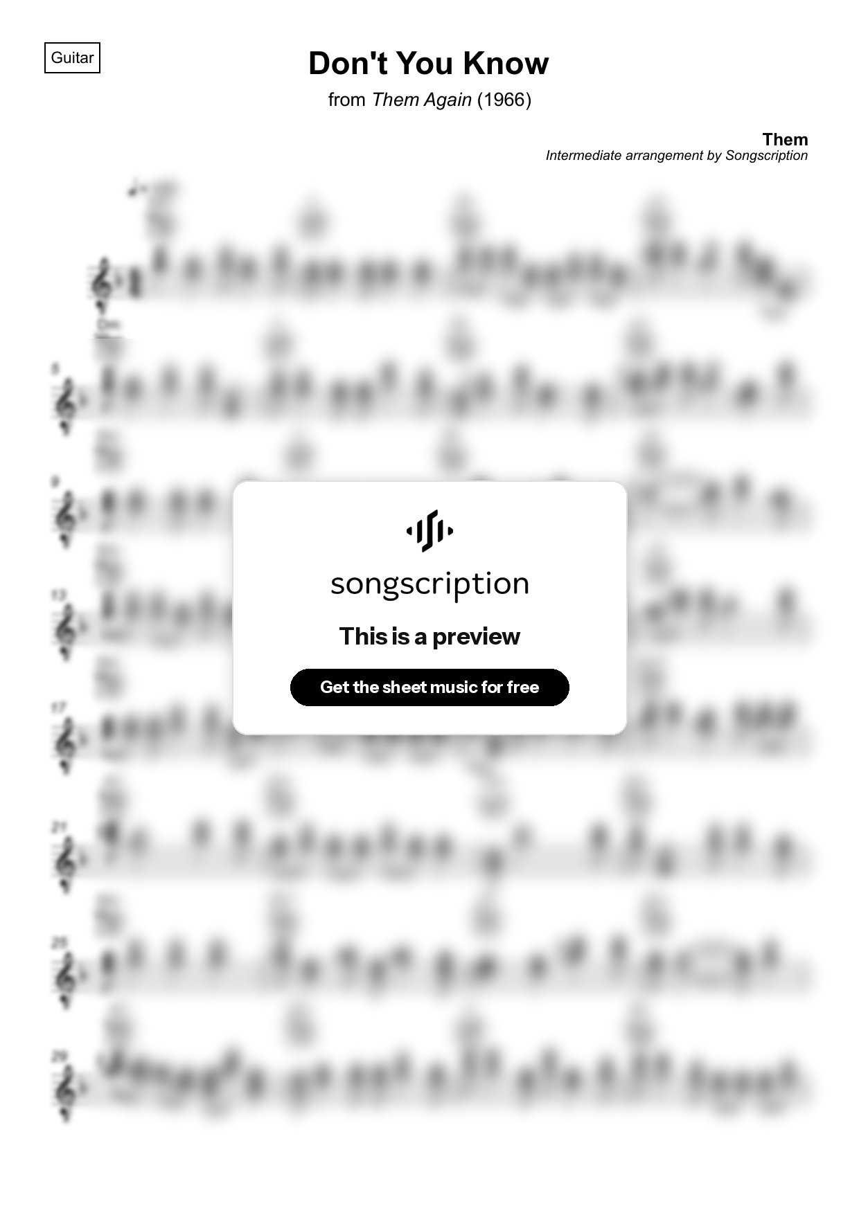 Intermediate Acoustic Guitar Sheet Music for "Don't You Know" by Them