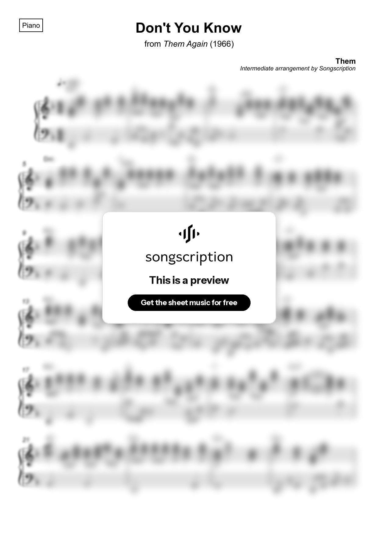 Intermediate Piano Sheet Music for "Don't You Know" by Them