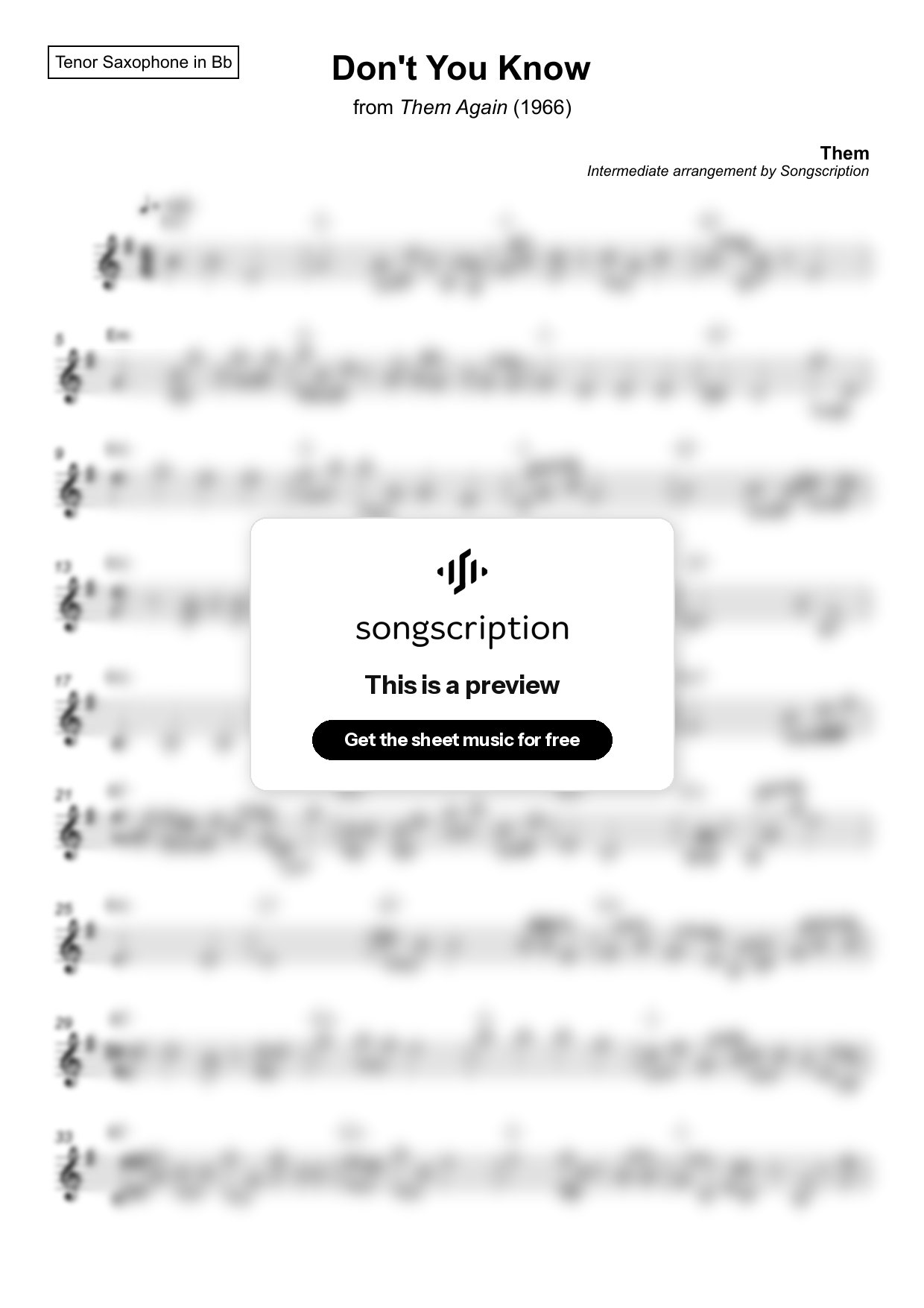 Intermediate Tenor Sax Sheet Music for "Don't You Know" by Them