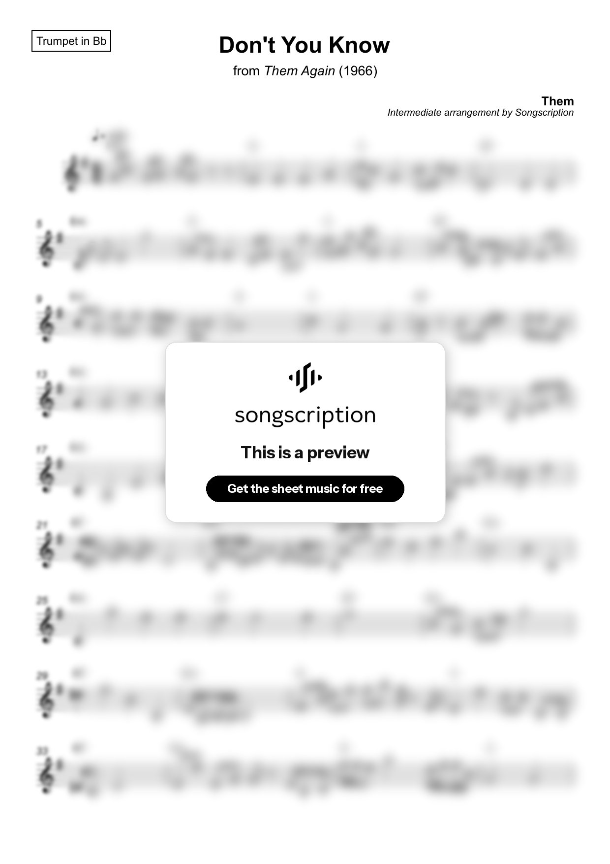 Intermediate Trumpet Sheet Music for "Don't You Know" by Them