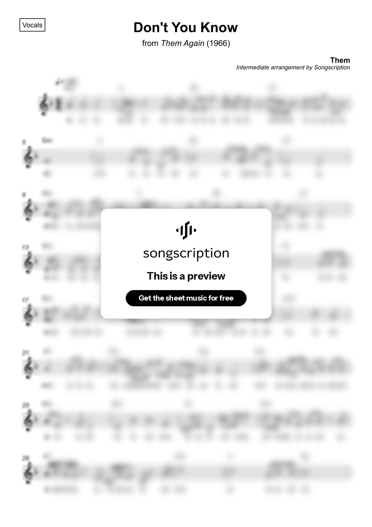 Intermediate Vocals Sheet Music for "Don't You Know" by Them