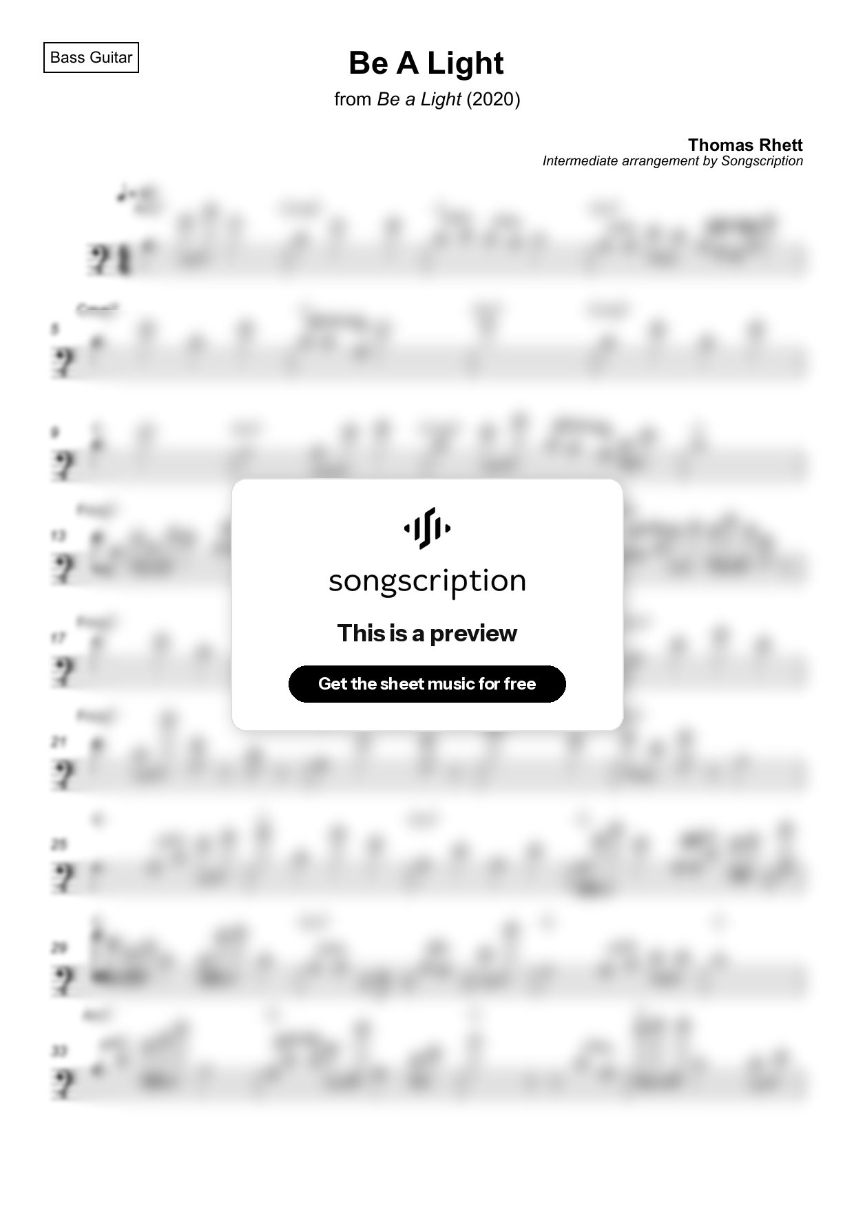 Intermediate Bass Guitar Sheet Music for "Be A Light" by Thomas Rhett