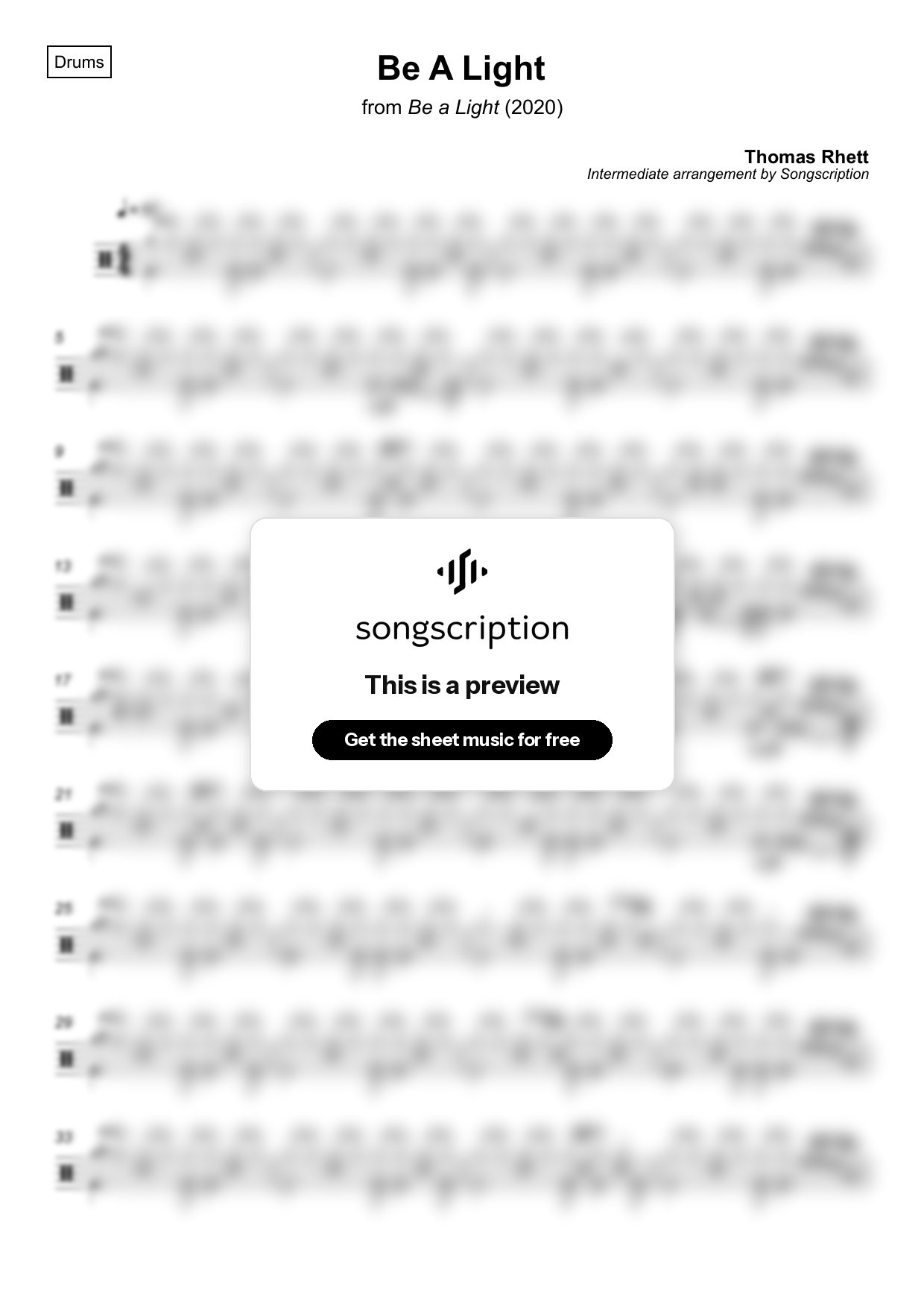 Intermediate Drums Sheet Music for "Be A Light" by Thomas Rhett