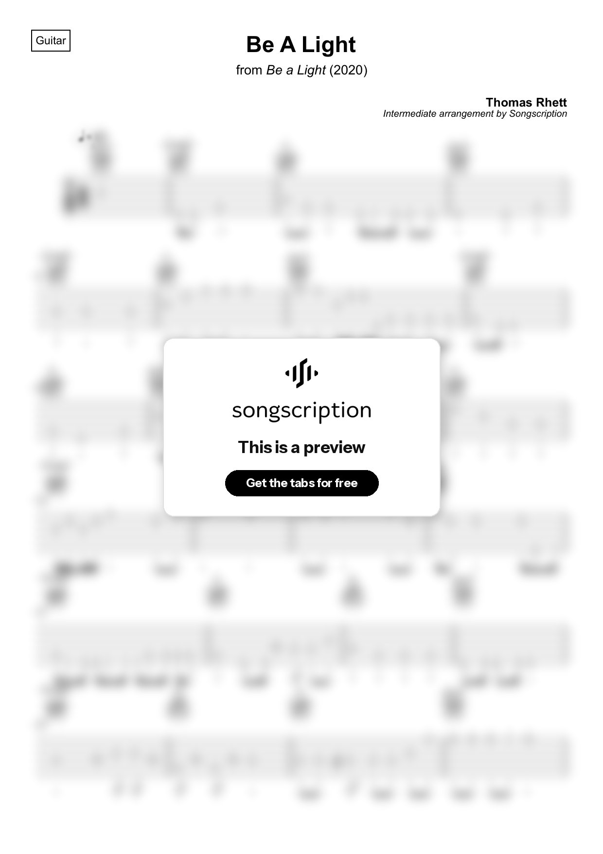 Intermediate Acoustic Guitar Tabs for "Be A Light" by Thomas Rhett