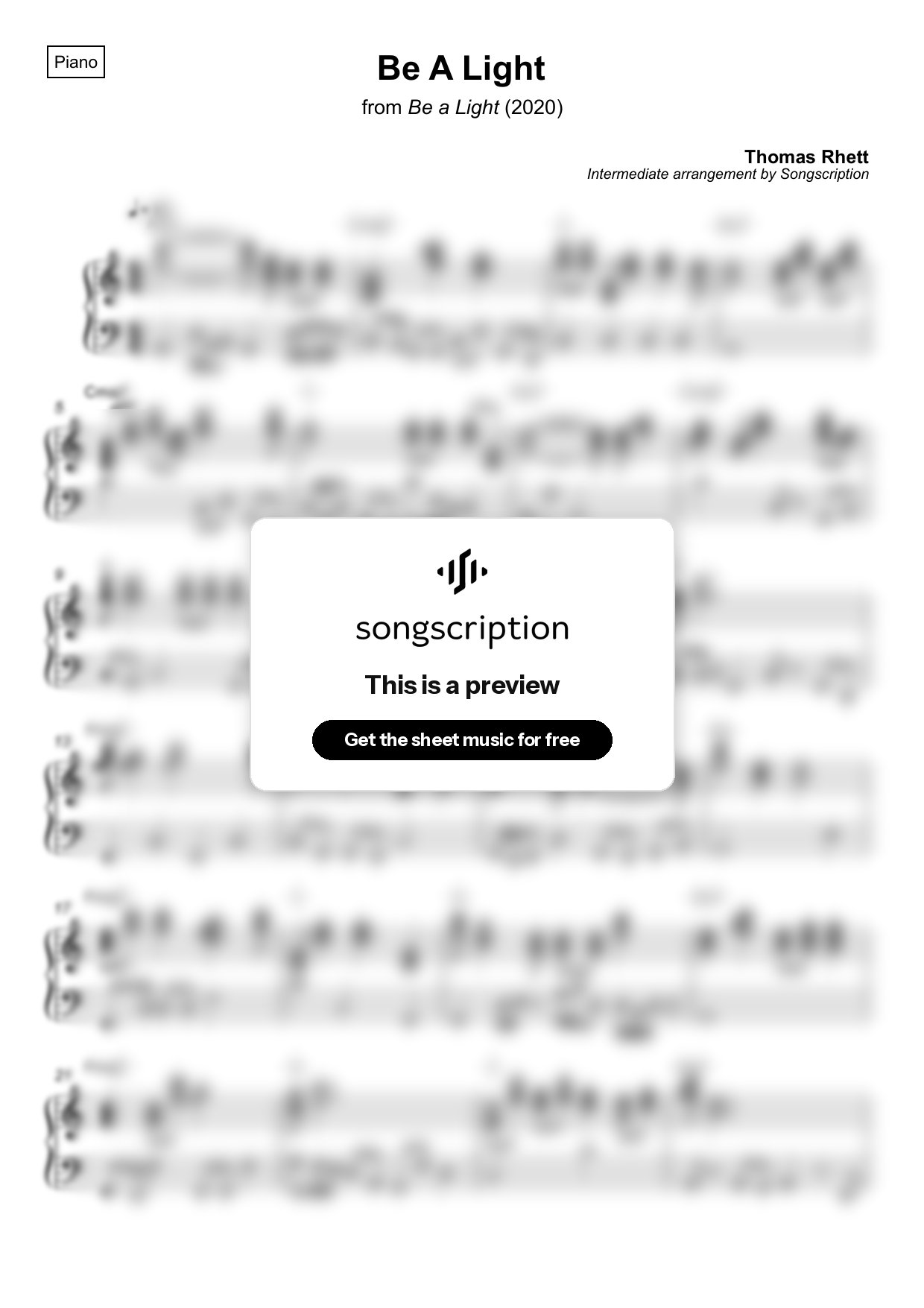 Intermediate Piano Sheet Music for "Be A Light" by Thomas Rhett