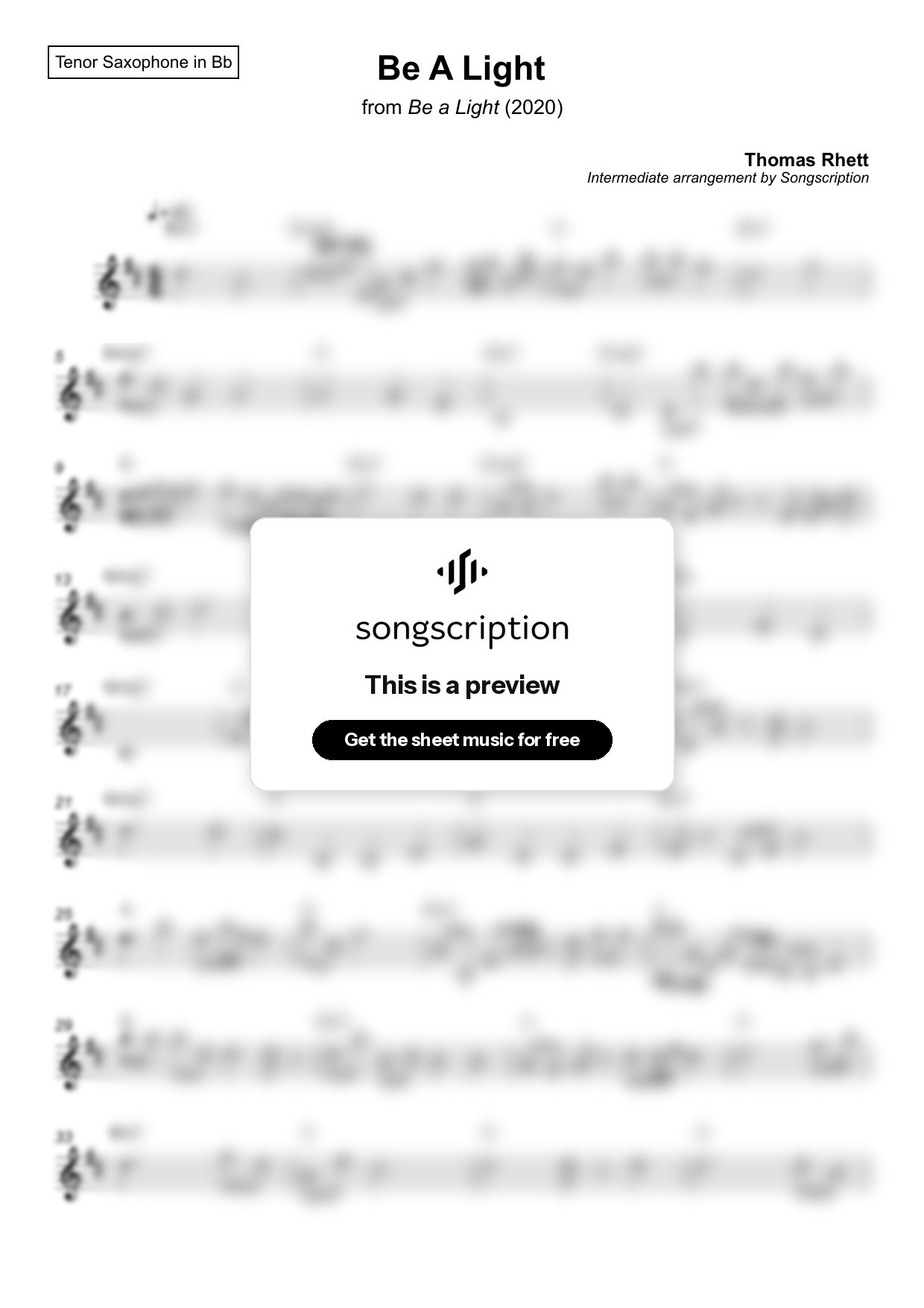 Intermediate Tenor Sax Sheet Music for "Be A Light" by Thomas Rhett
