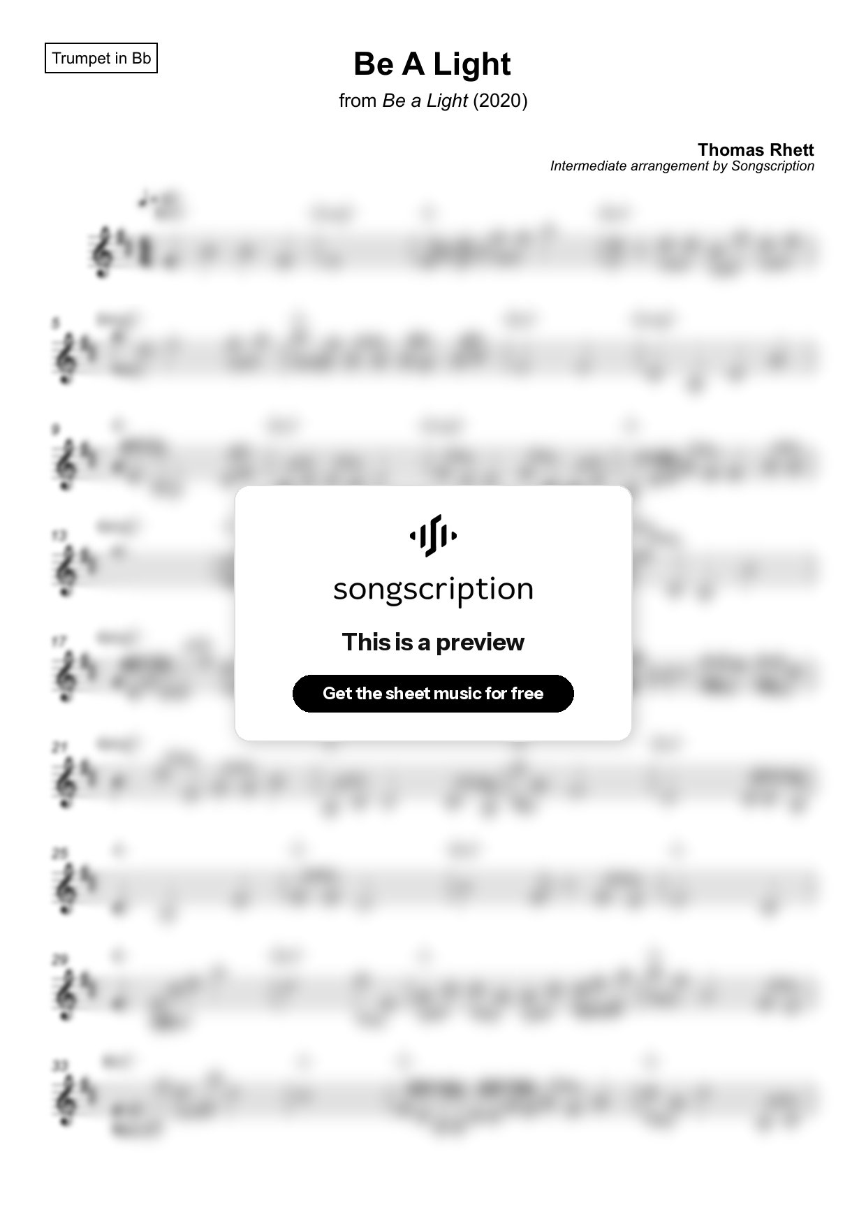Intermediate Trumpet Sheet Music for "Be A Light" by Thomas Rhett