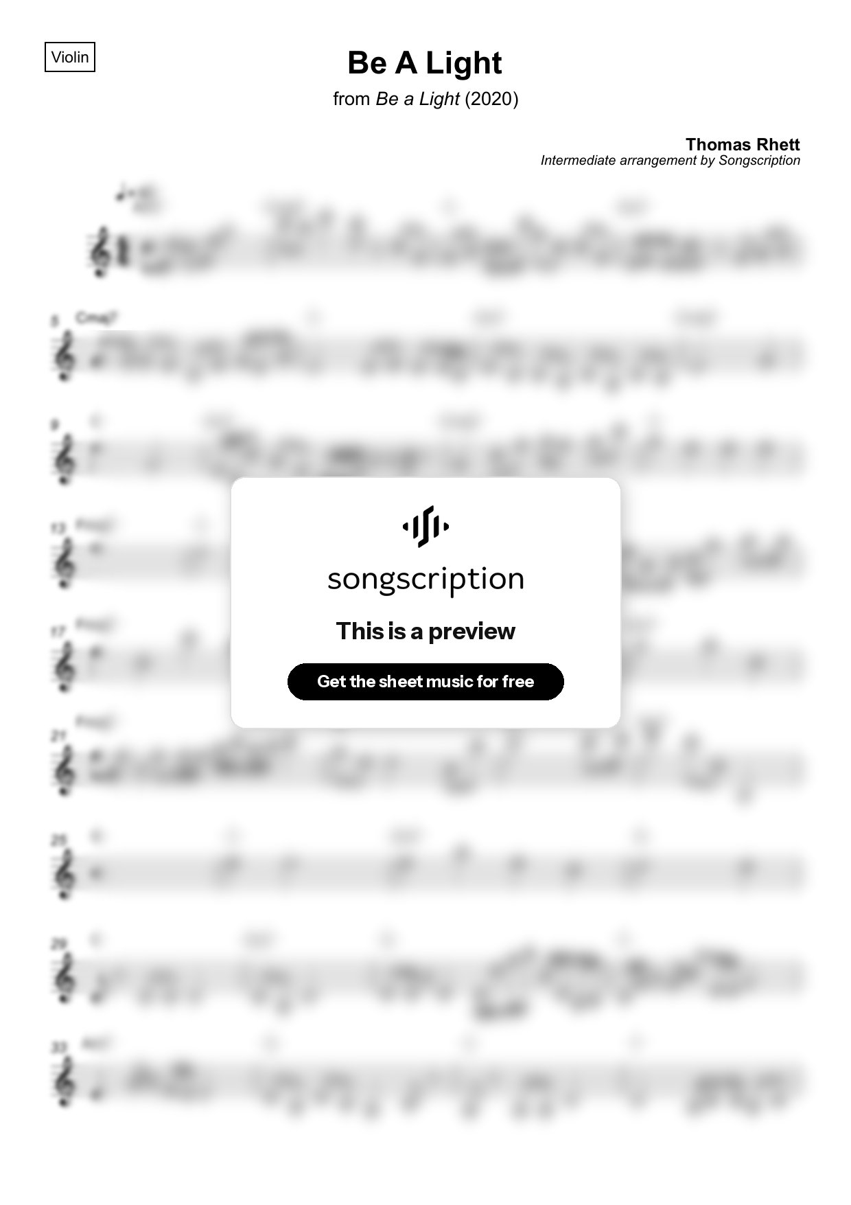 Intermediate Violin Sheet Music for "Be A Light" by Thomas Rhett