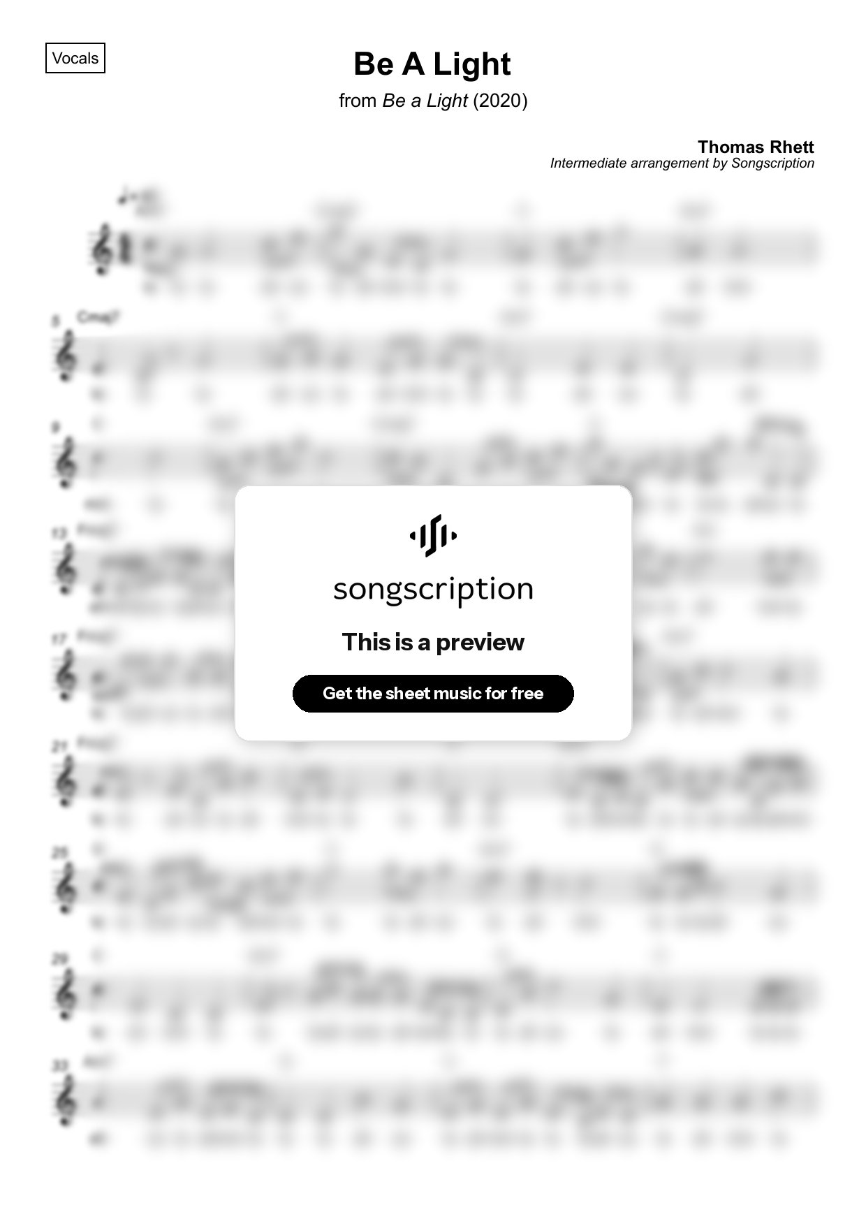Intermediate Vocals Sheet Music for "Be A Light" by Thomas Rhett