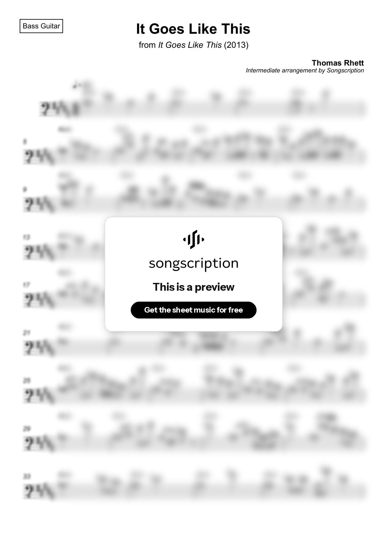 Intermediate Bass Guitar Sheet Music for "It Goes Like This" by Thomas Rhett
