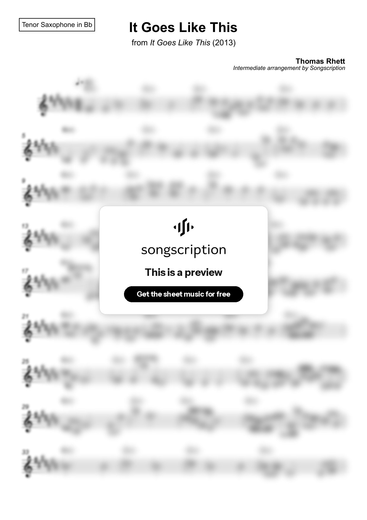 Intermediate Tenor Sax Sheet Music for "It Goes Like This" by Thomas Rhett