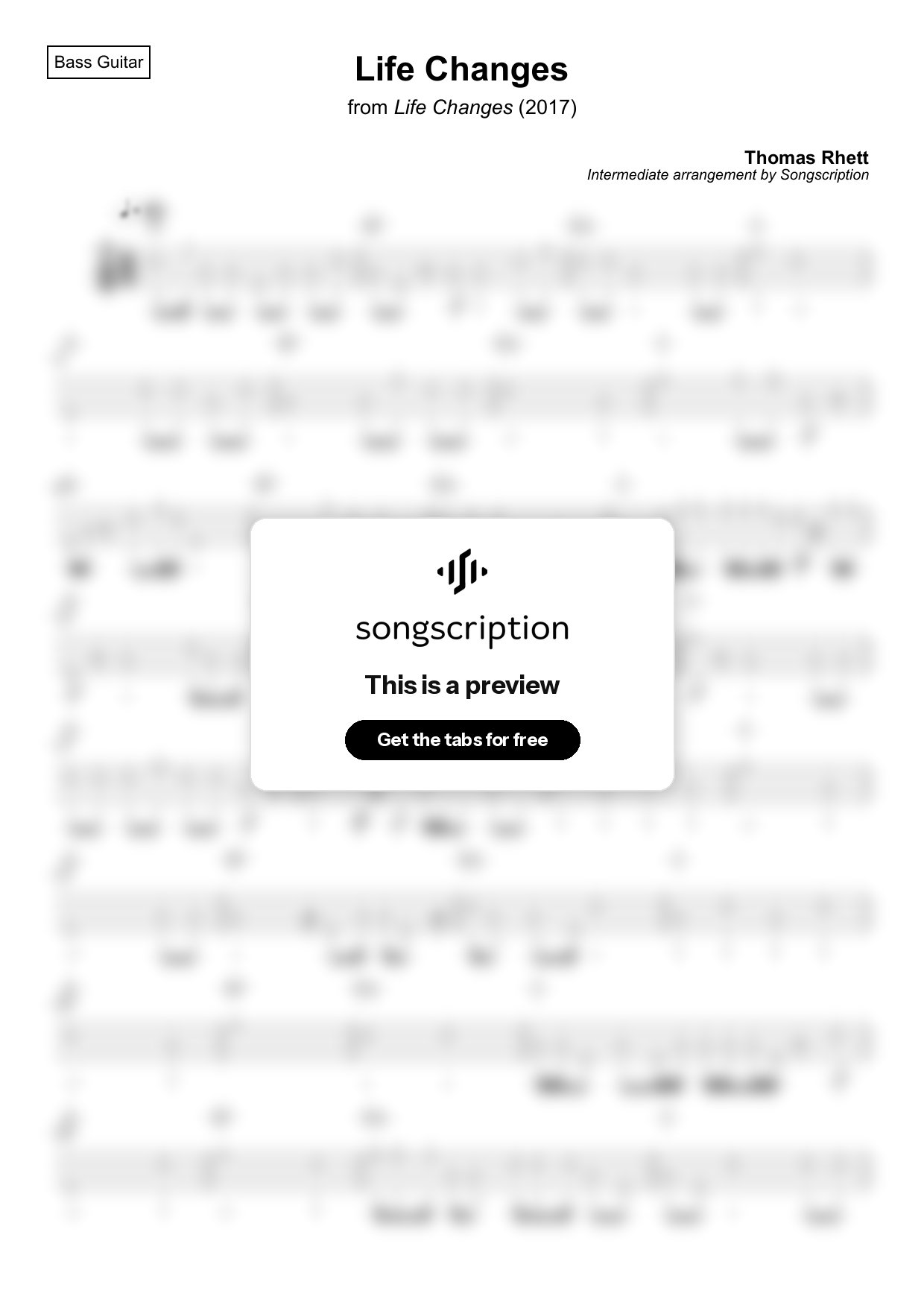 Intermediate Bass Guitar Tabs for "Life Changes" by Thomas Rhett
