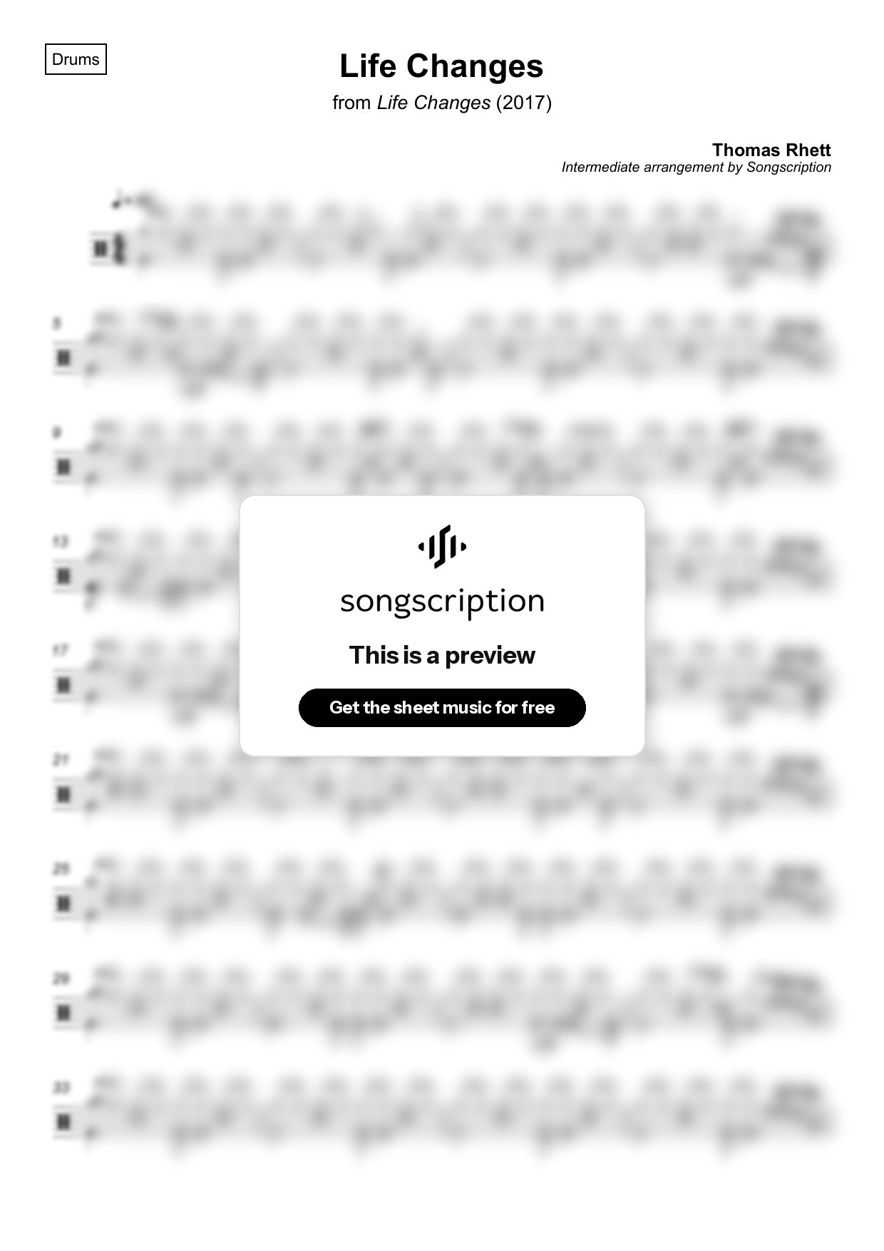 Intermediate Drums Sheet Music for "Life Changes" by Thomas Rhett