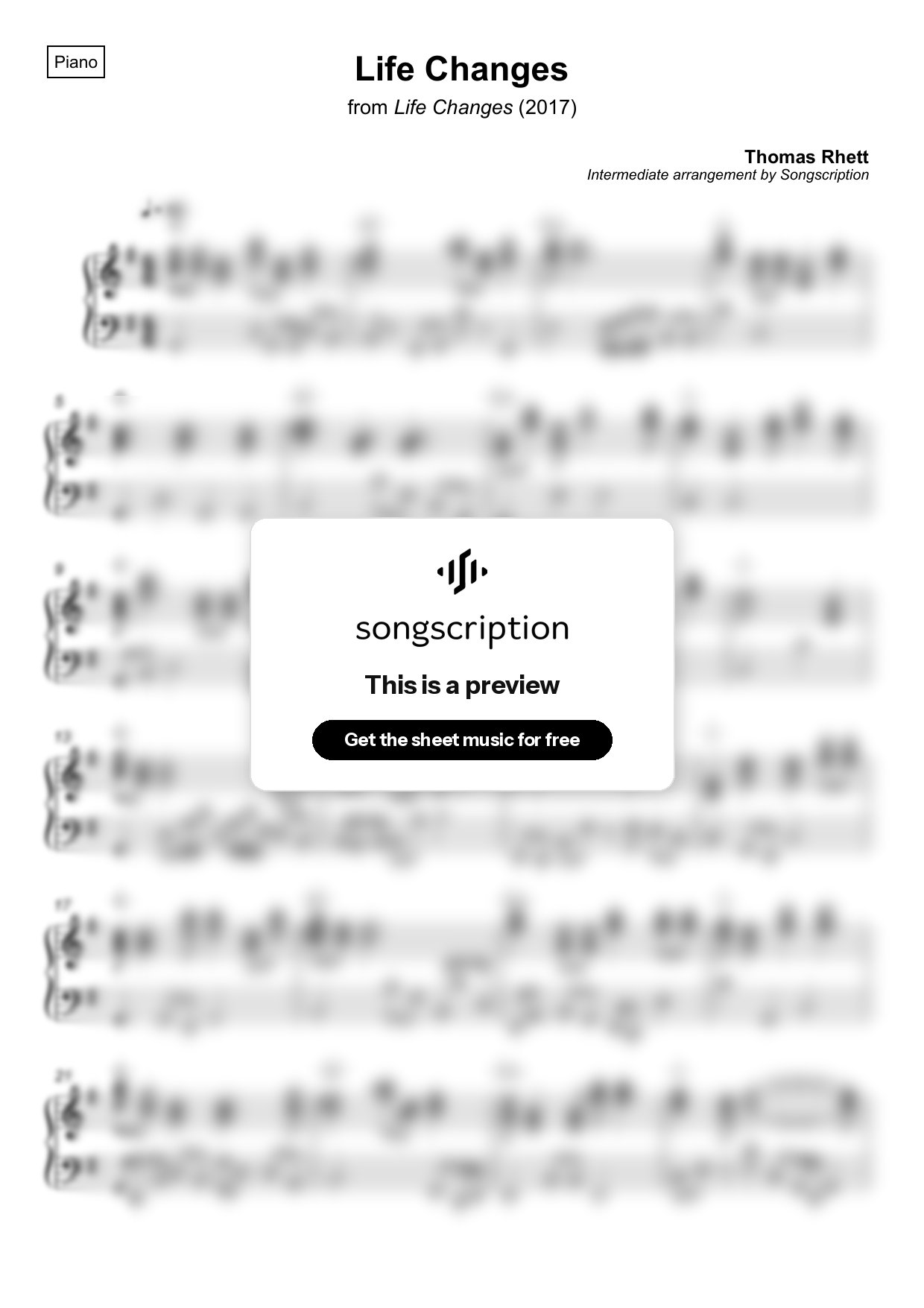 Intermediate Piano Sheet Music for "Life Changes" by Thomas Rhett