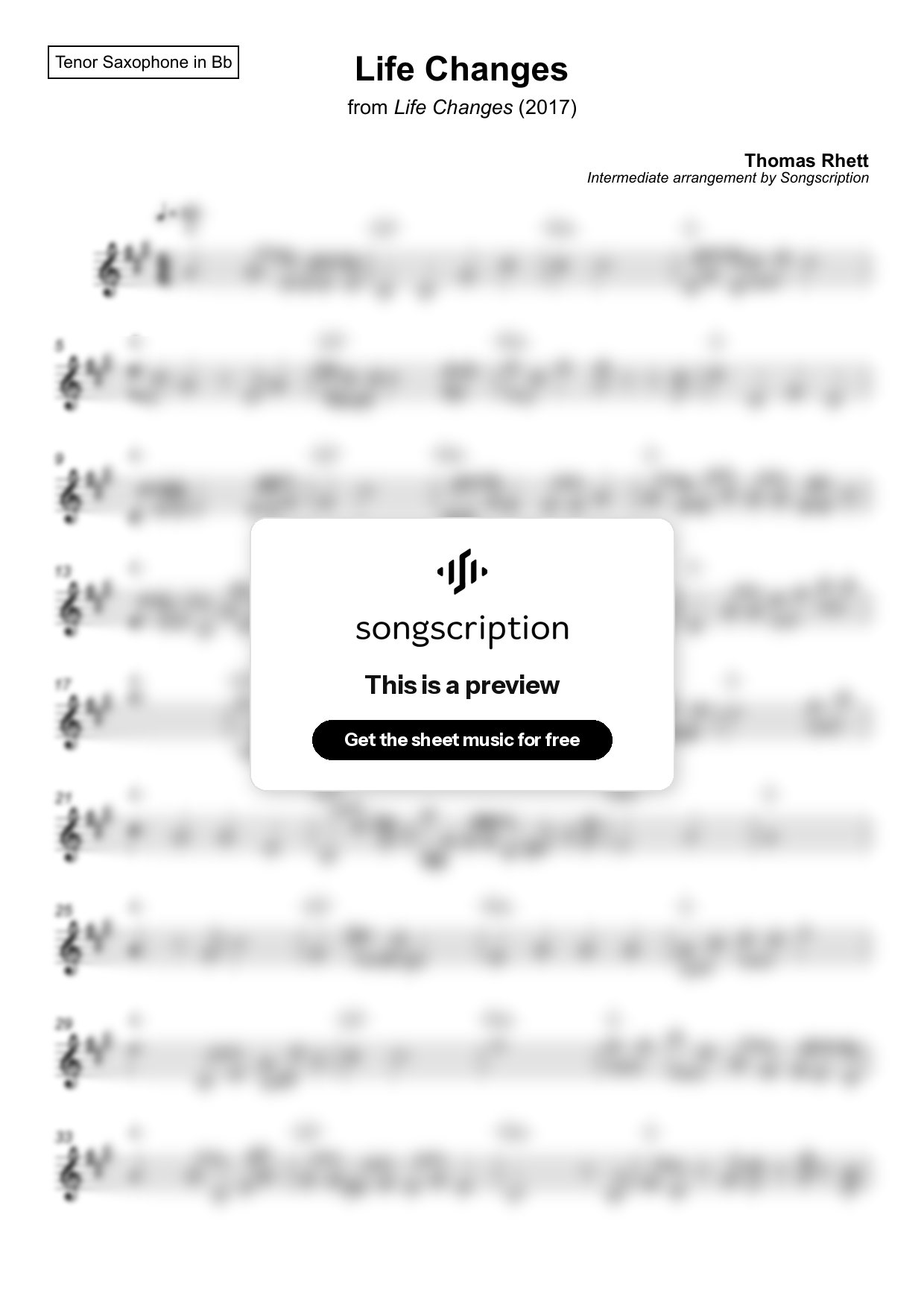 Intermediate Tenor Sax Sheet Music for "Life Changes" by Thomas Rhett