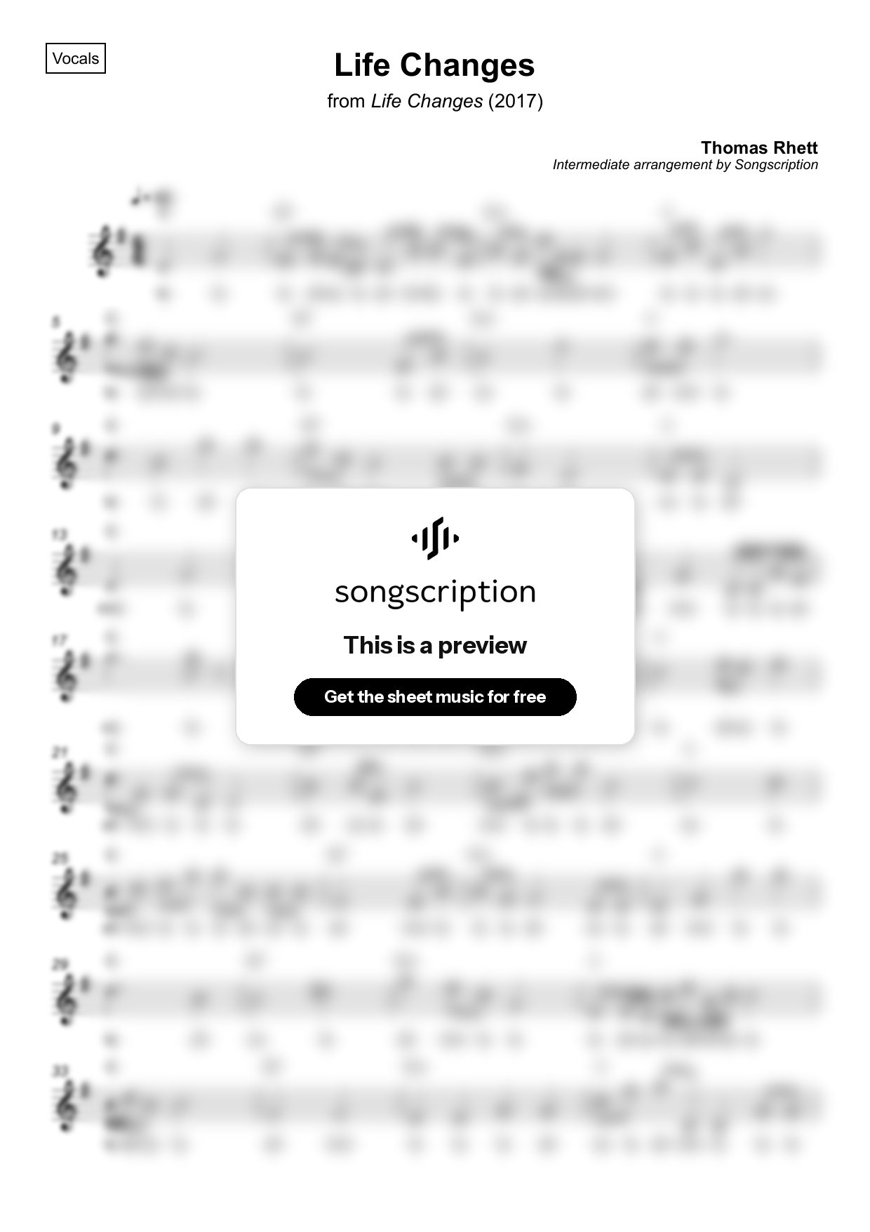 Intermediate Vocals Sheet Music for "Life Changes" by Thomas Rhett