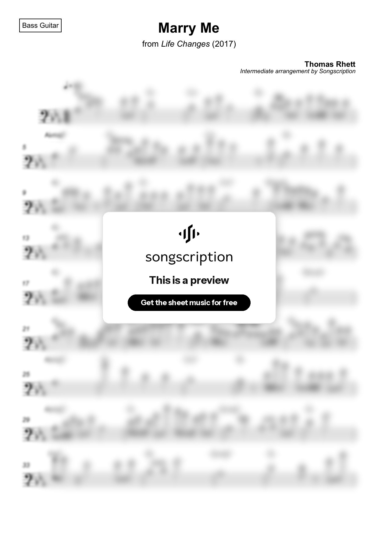 Intermediate Bass Guitar Sheet Music for "Marry Me" by Thomas Rhett