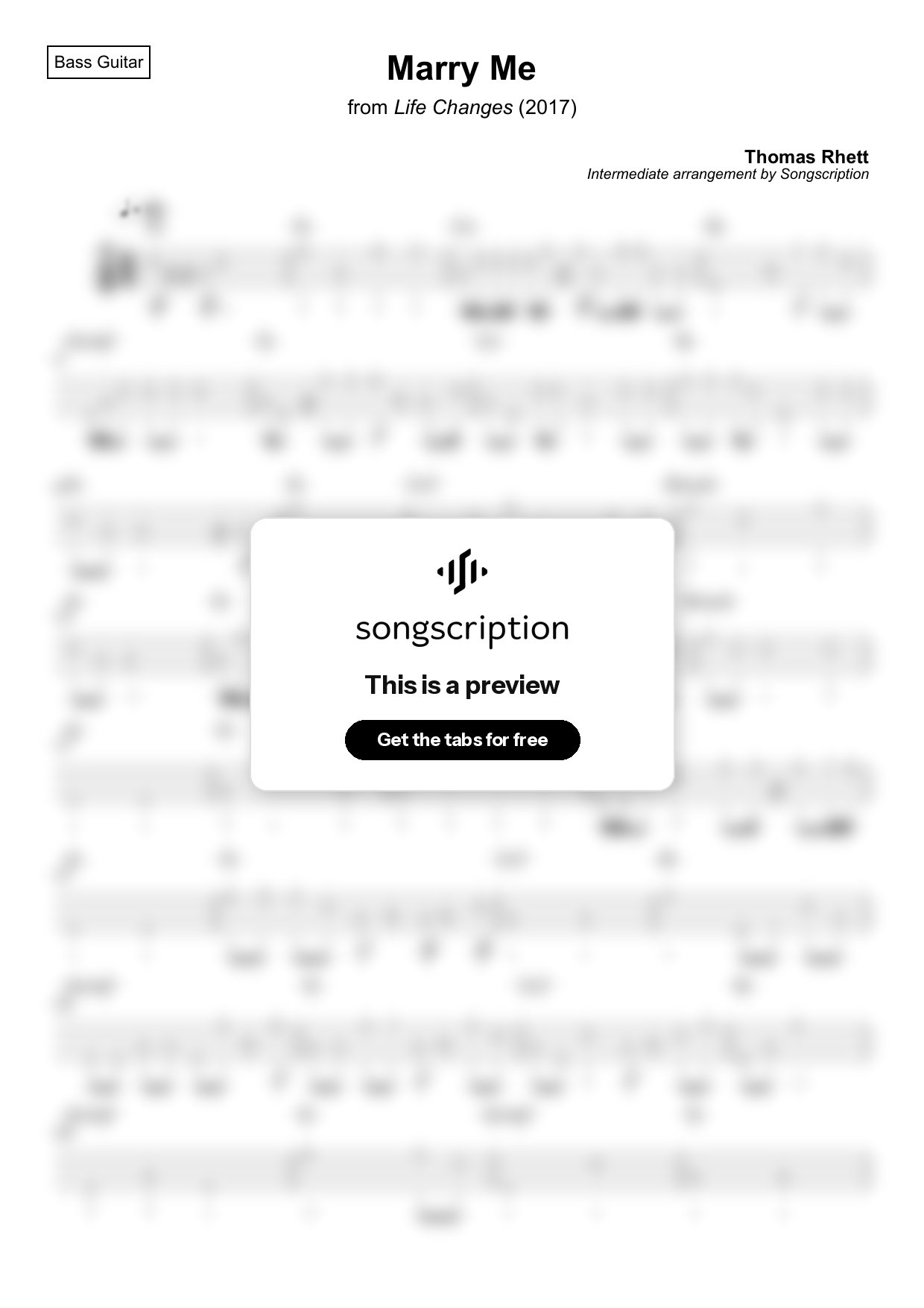 Intermediate Bass Guitar Tabs for "Marry Me" by Thomas Rhett