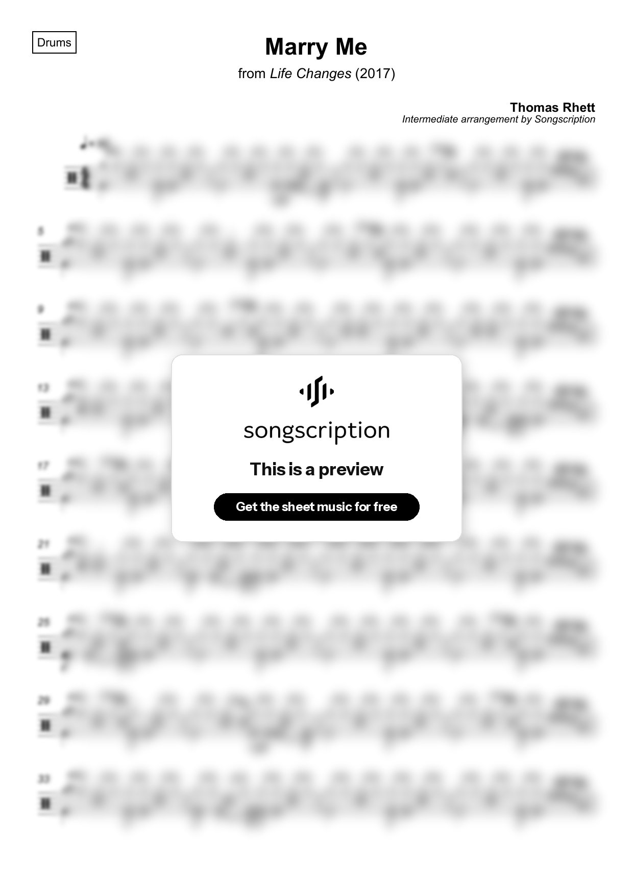 Intermediate Drums Sheet Music for "Marry Me" by Thomas Rhett