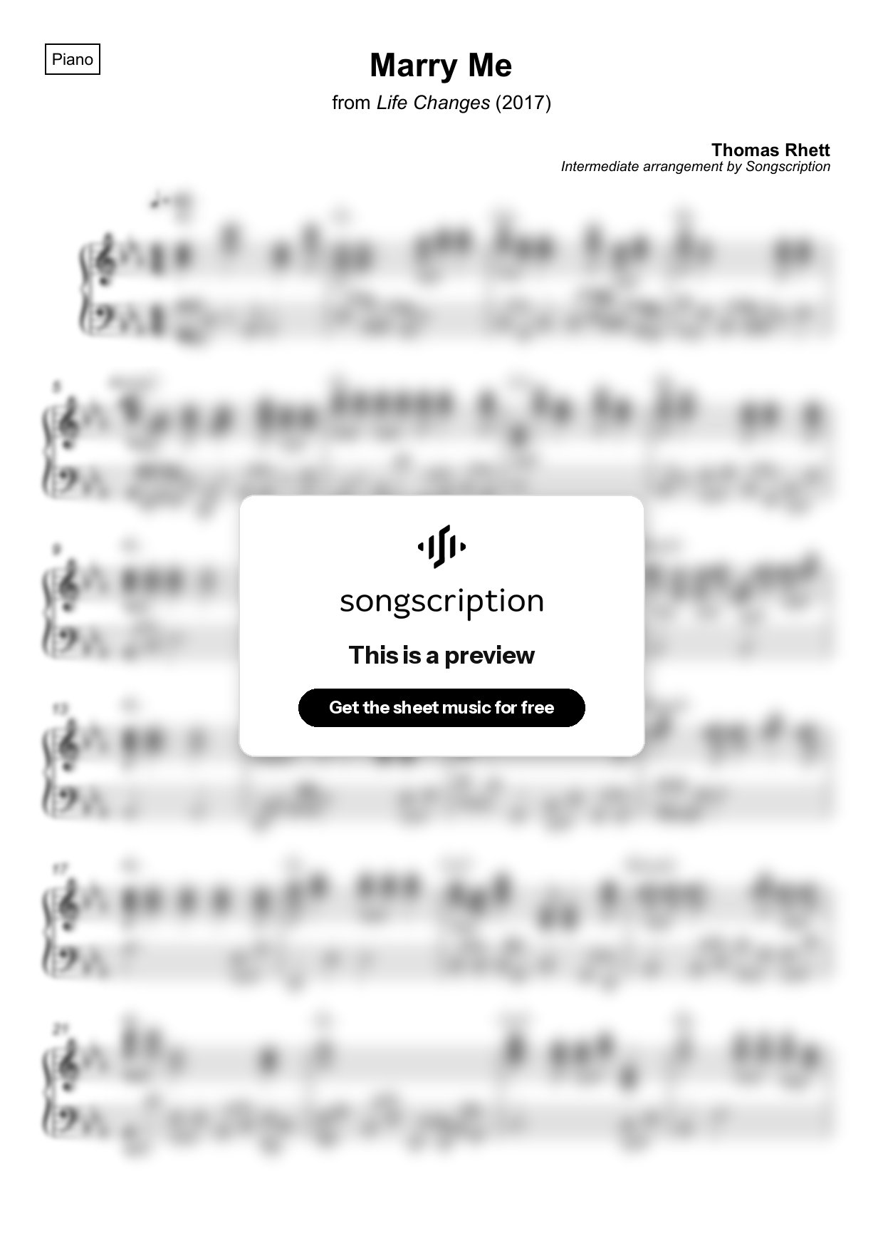 Intermediate Piano Sheet Music for "Marry Me" by Thomas Rhett