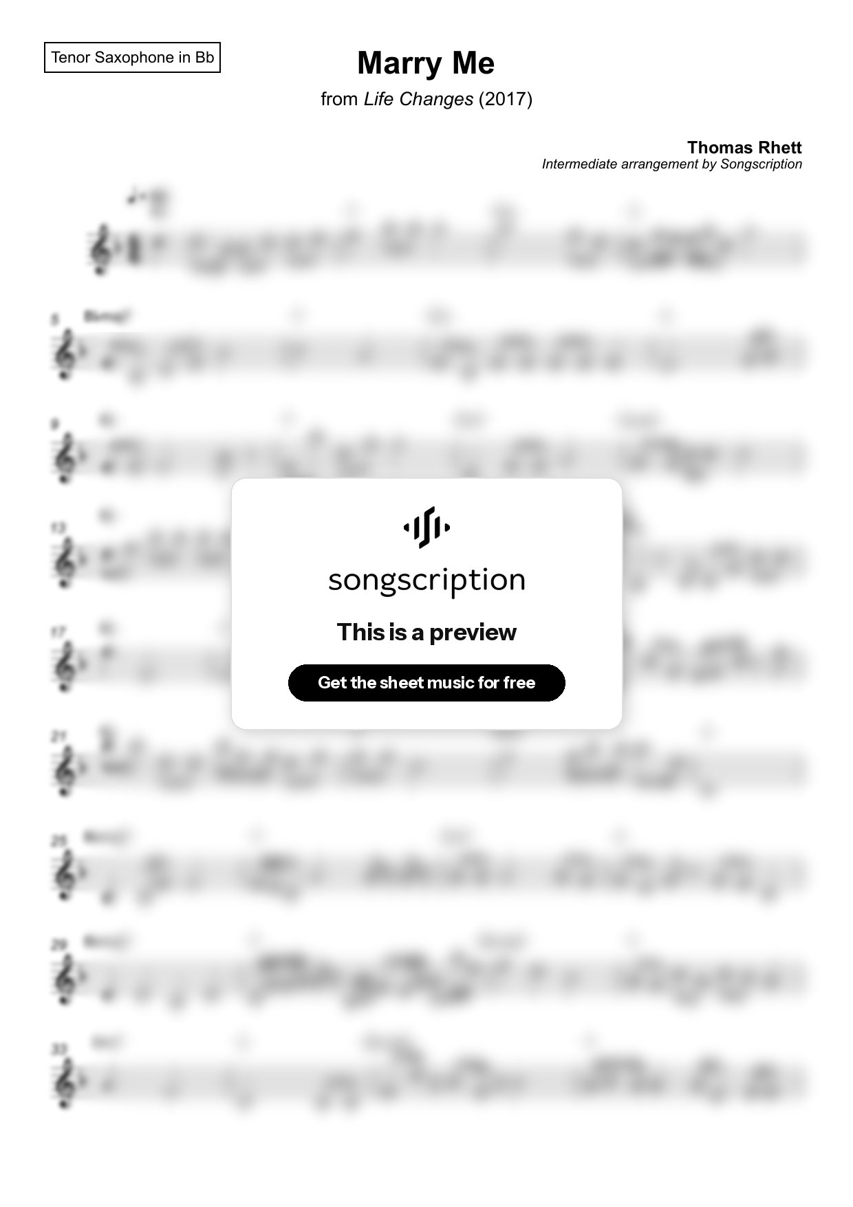 Intermediate Tenor Sax Sheet Music for "Marry Me" by Thomas Rhett