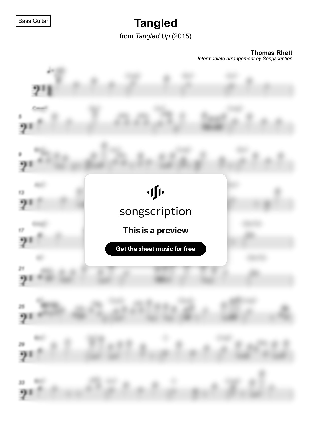 Intermediate Bass Guitar Sheet Music for "Tangled" by Thomas Rhett
