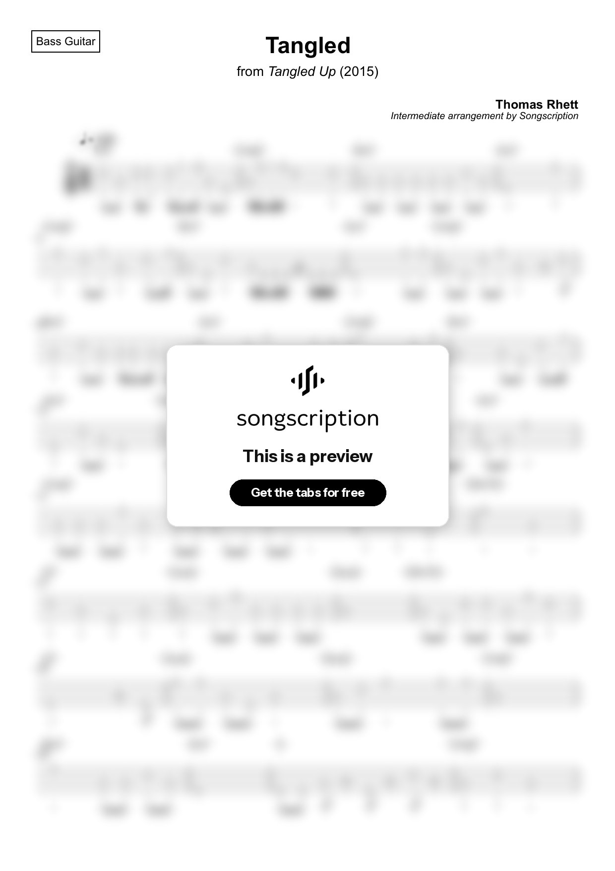 Intermediate Bass Guitar Tabs for "Tangled" by Thomas Rhett