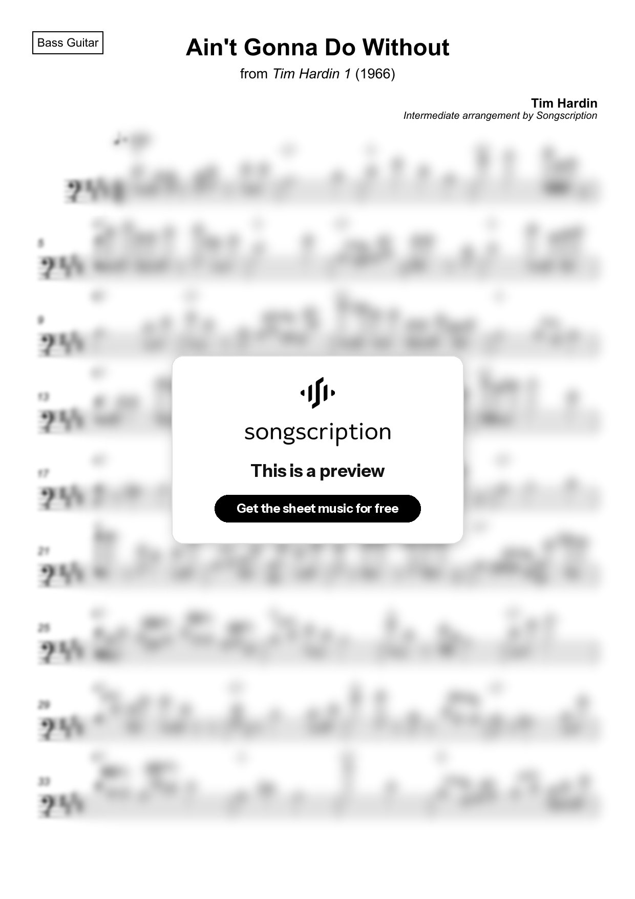 Intermediate Bass Guitar Sheet Music for "Ain't Gonna Do Without" by Tim Hardin