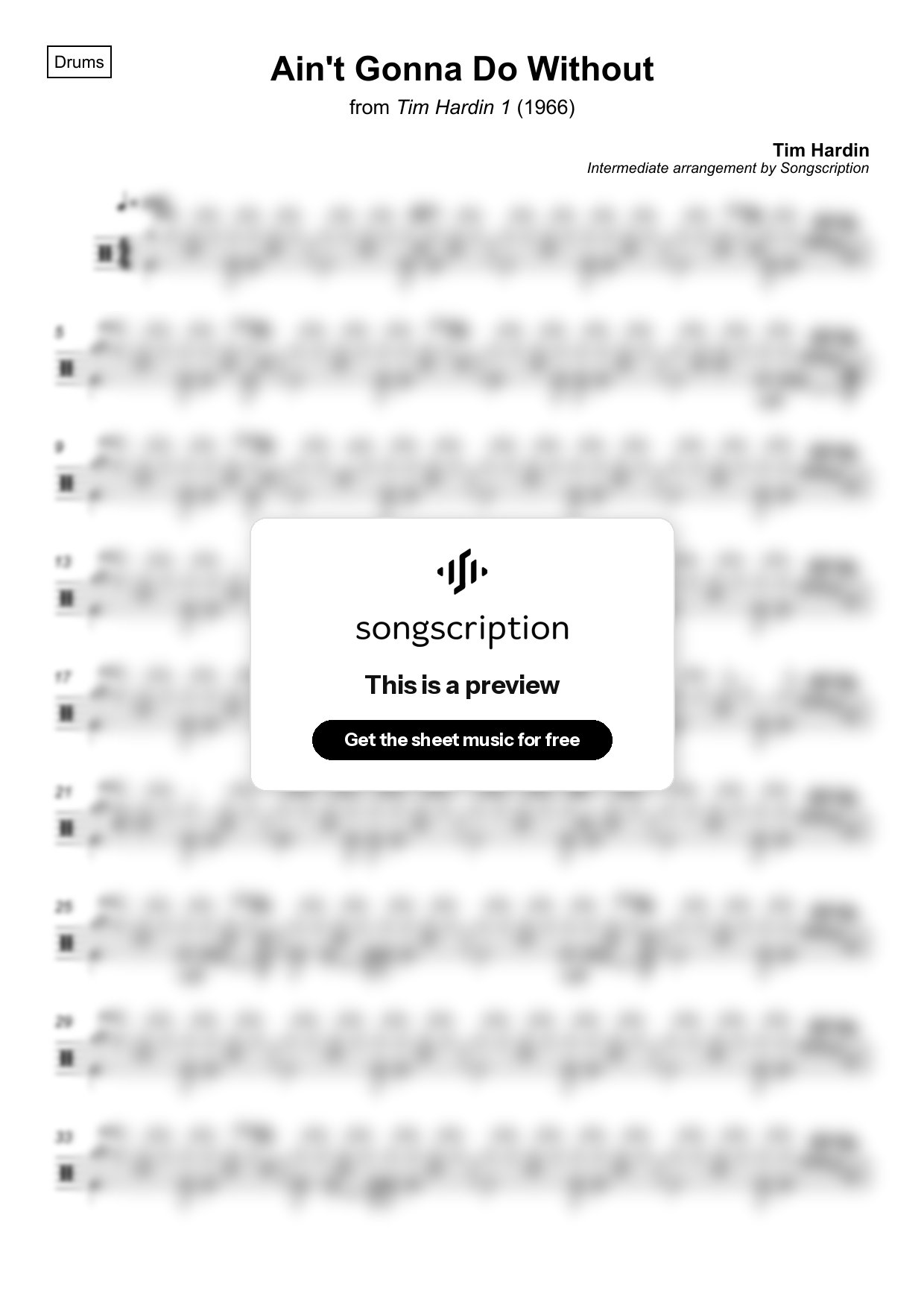 Intermediate Drums Sheet Music for "Ain't Gonna Do Without" by Tim Hardin