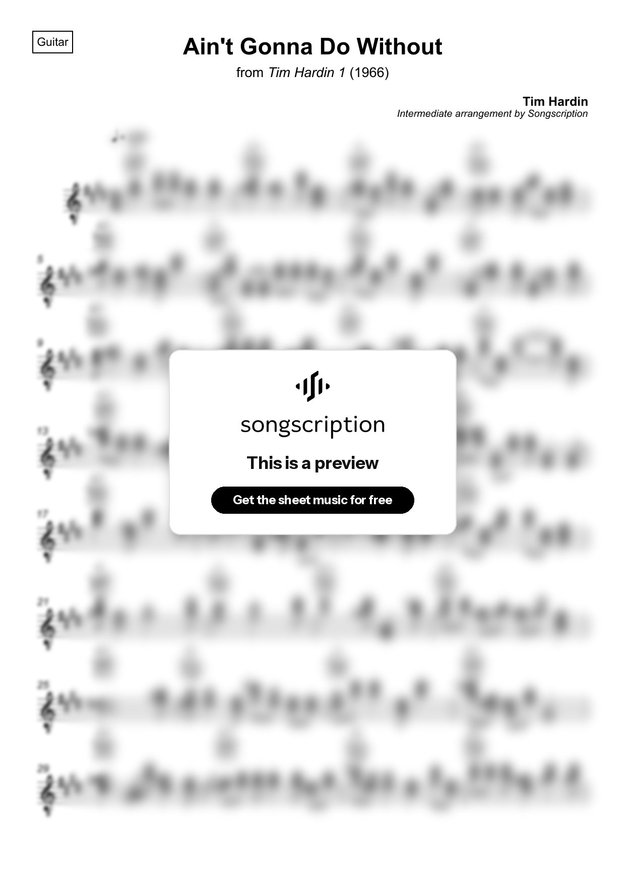 Intermediate Acoustic Guitar Sheet Music for "Ain't Gonna Do Without" by Tim Hardin