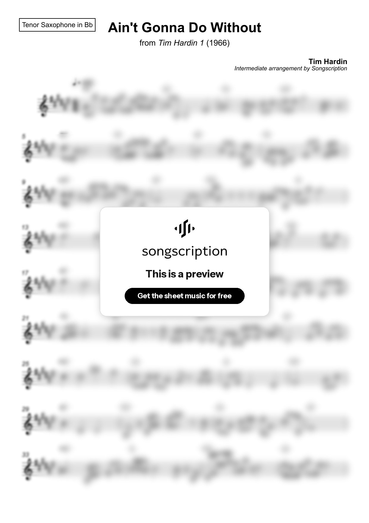Intermediate Tenor Sax Sheet Music for "Ain't Gonna Do Without" by Tim Hardin