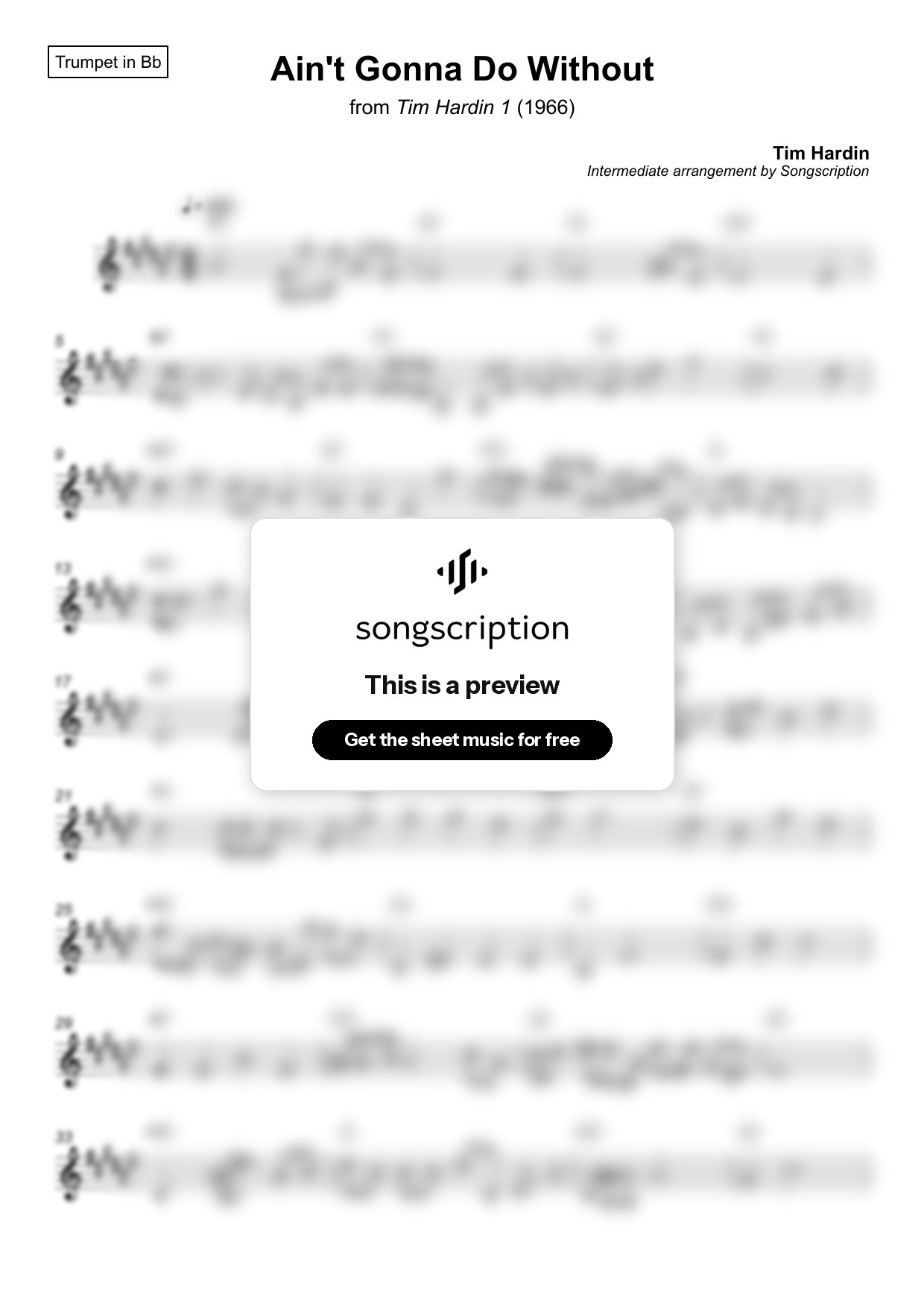 Intermediate Trumpet Sheet Music for "Ain't Gonna Do Without" by Tim Hardin