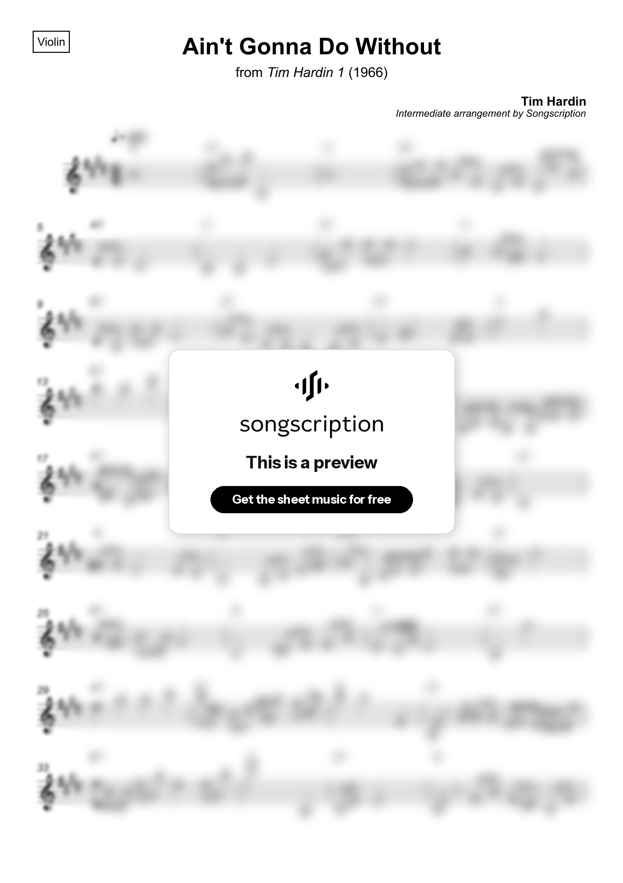 Intermediate Violin Sheet Music for "Ain't Gonna Do Without" by Tim Hardin