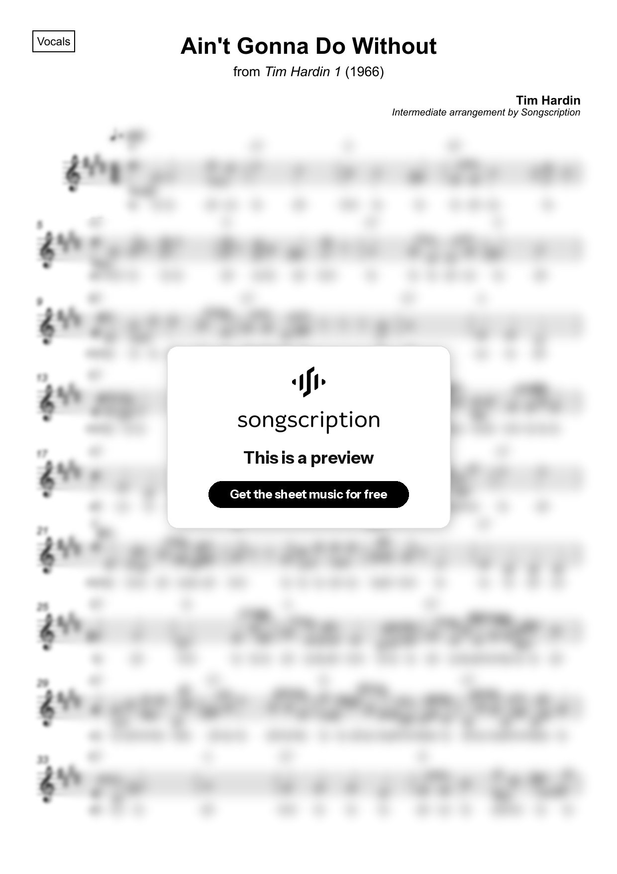 Intermediate Vocals Sheet Music for "Ain't Gonna Do Without" by Tim Hardin
