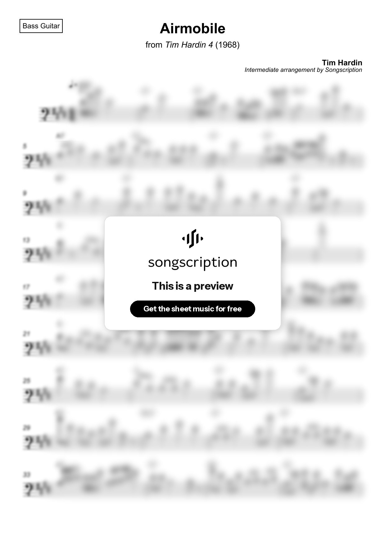 Intermediate Bass Guitar Sheet Music for "Airmobile" by Tim Hardin