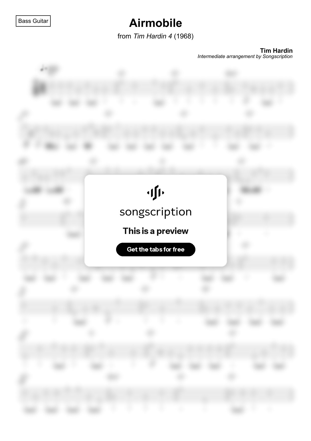 Intermediate Bass Guitar Tabs for "Airmobile" by Tim Hardin