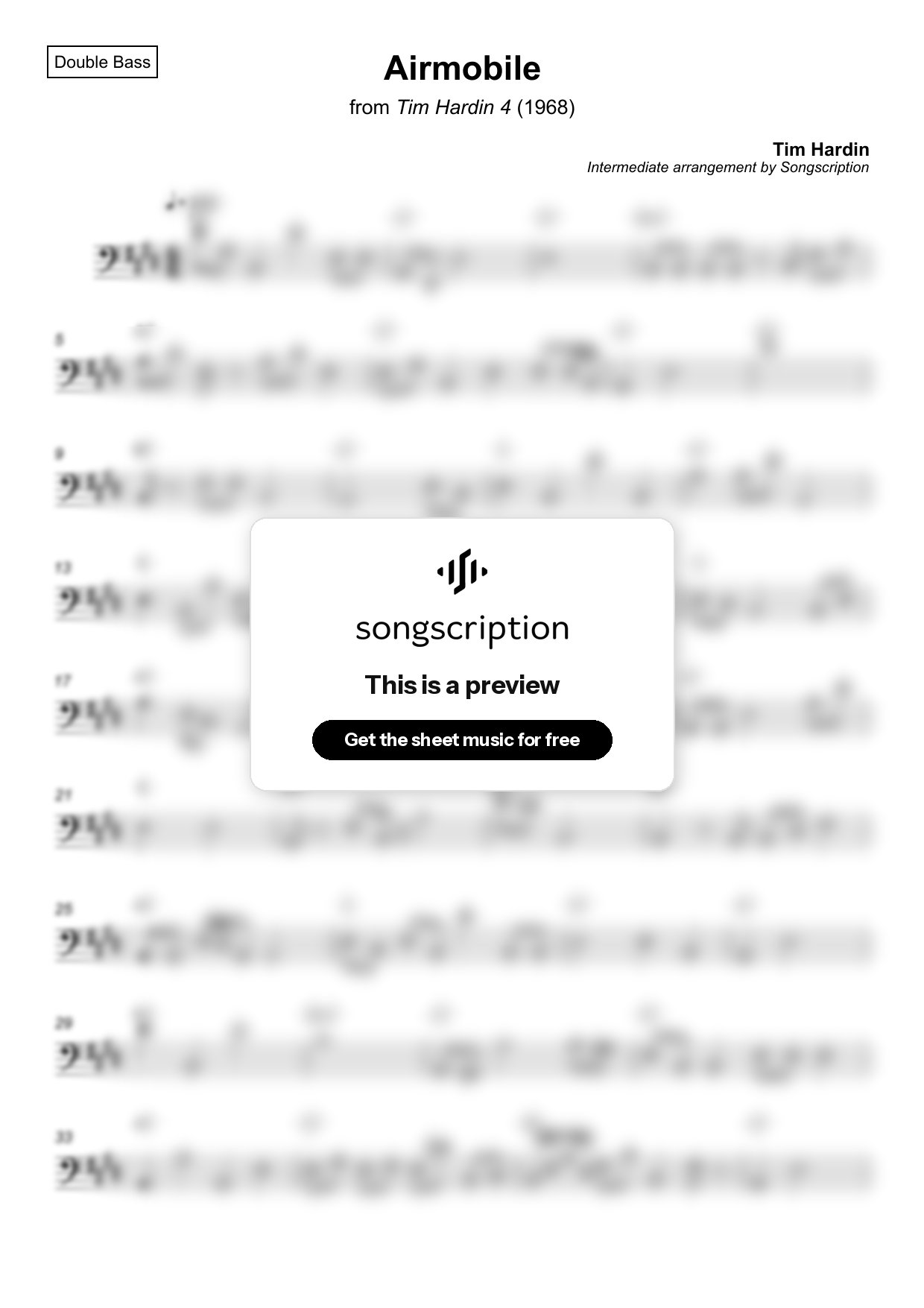Intermediate Double Bass Sheet Music for "Airmobile" by Tim Hardin