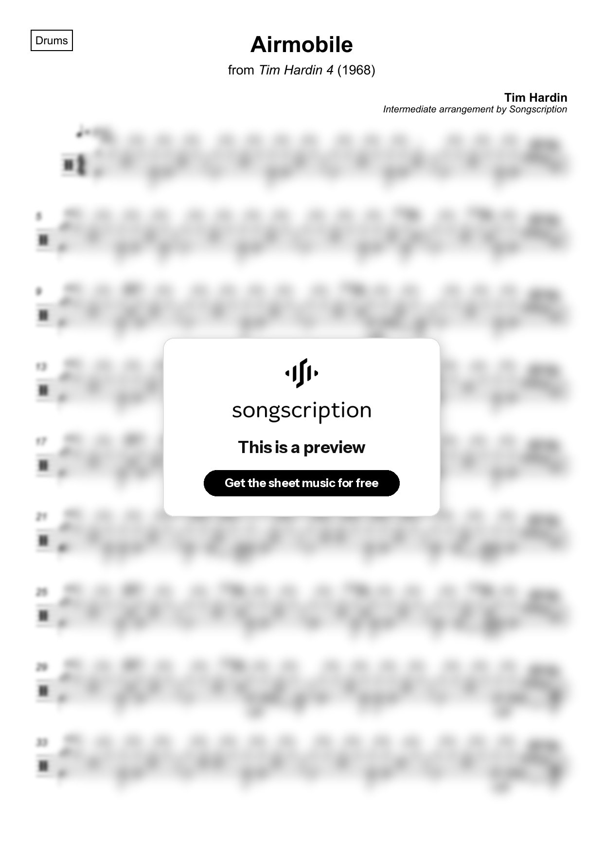 Intermediate Drums Sheet Music for "Airmobile" by Tim Hardin
