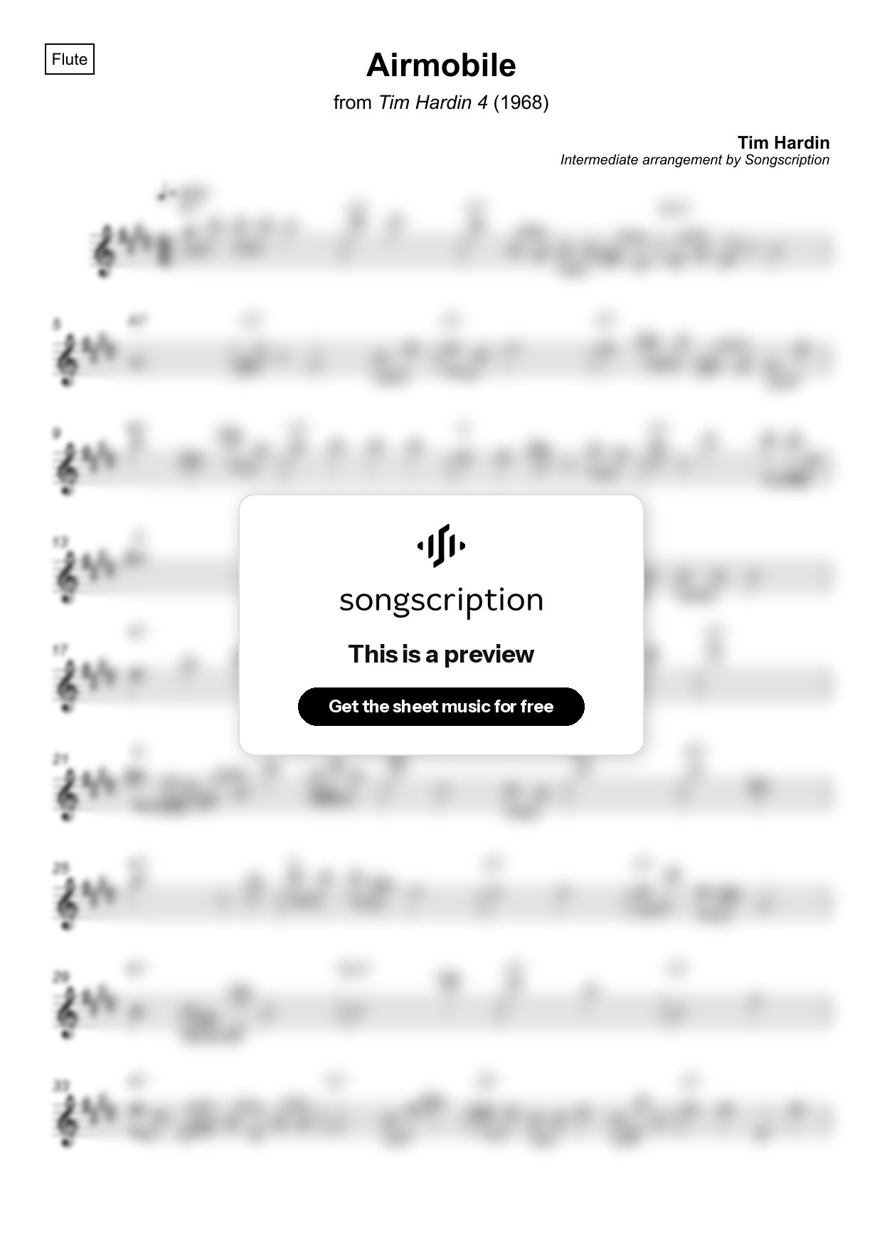 Intermediate Flute Sheet Music for "Airmobile" by Tim Hardin
