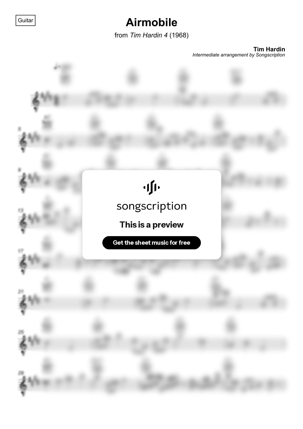 Intermediate Acoustic Guitar Sheet Music for "Airmobile" by Tim Hardin