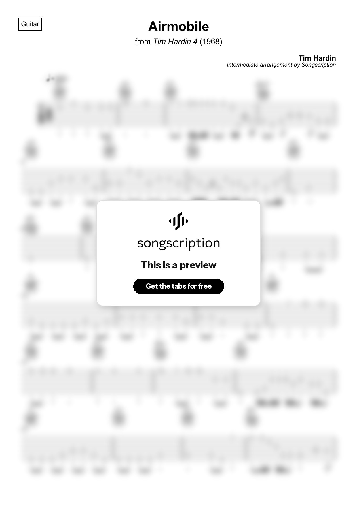 Intermediate Acoustic Guitar Tabs for "Airmobile" by Tim Hardin