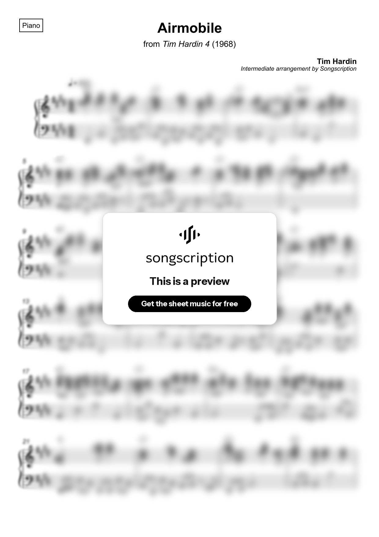 Intermediate Piano Sheet Music for "Airmobile" by Tim Hardin
