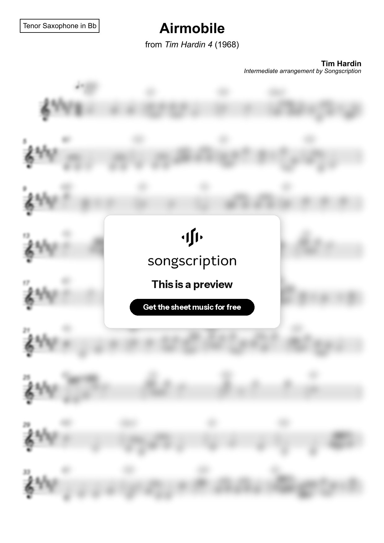 Intermediate Tenor Sax Sheet Music for "Airmobile" by Tim Hardin