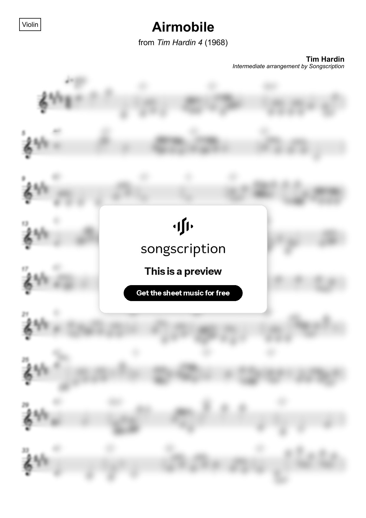 Intermediate Violin Sheet Music for "Airmobile" by Tim Hardin