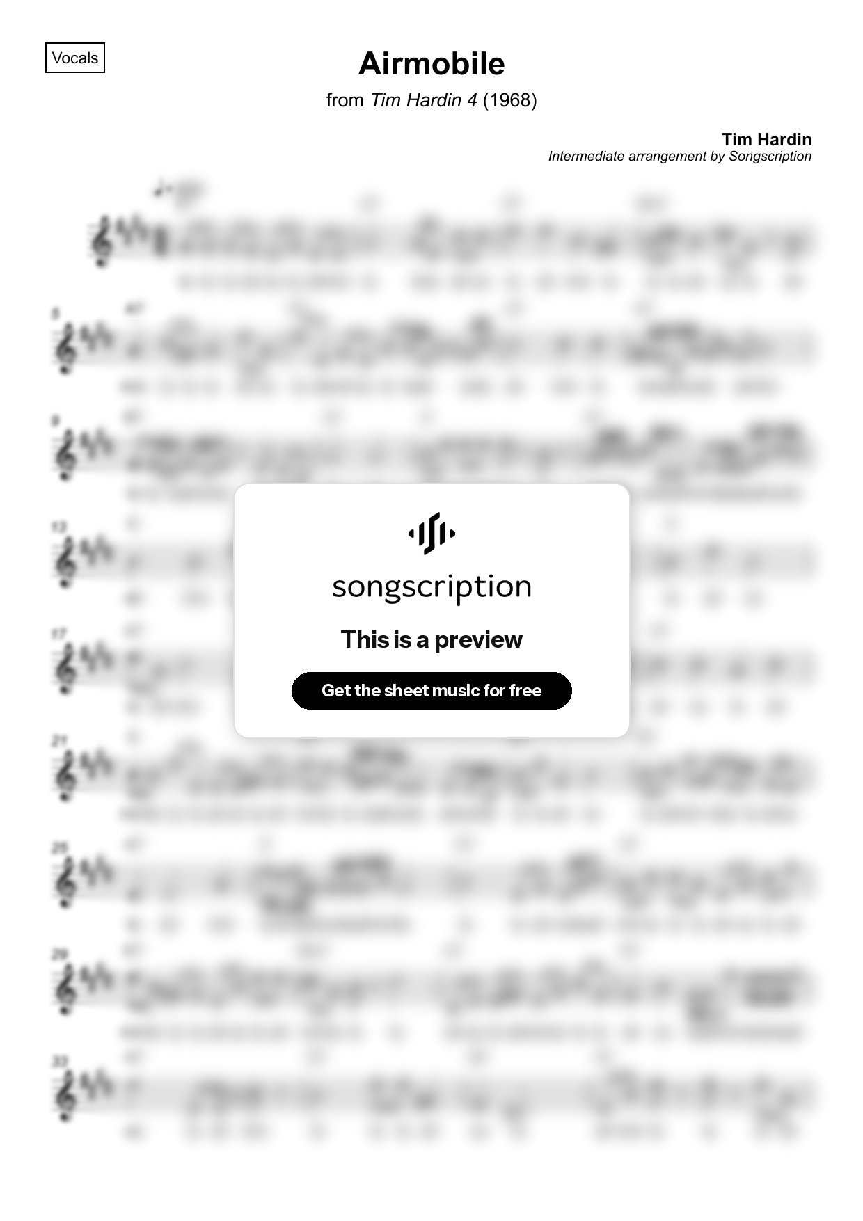 Intermediate Vocals Sheet Music for "Airmobile" by Tim Hardin