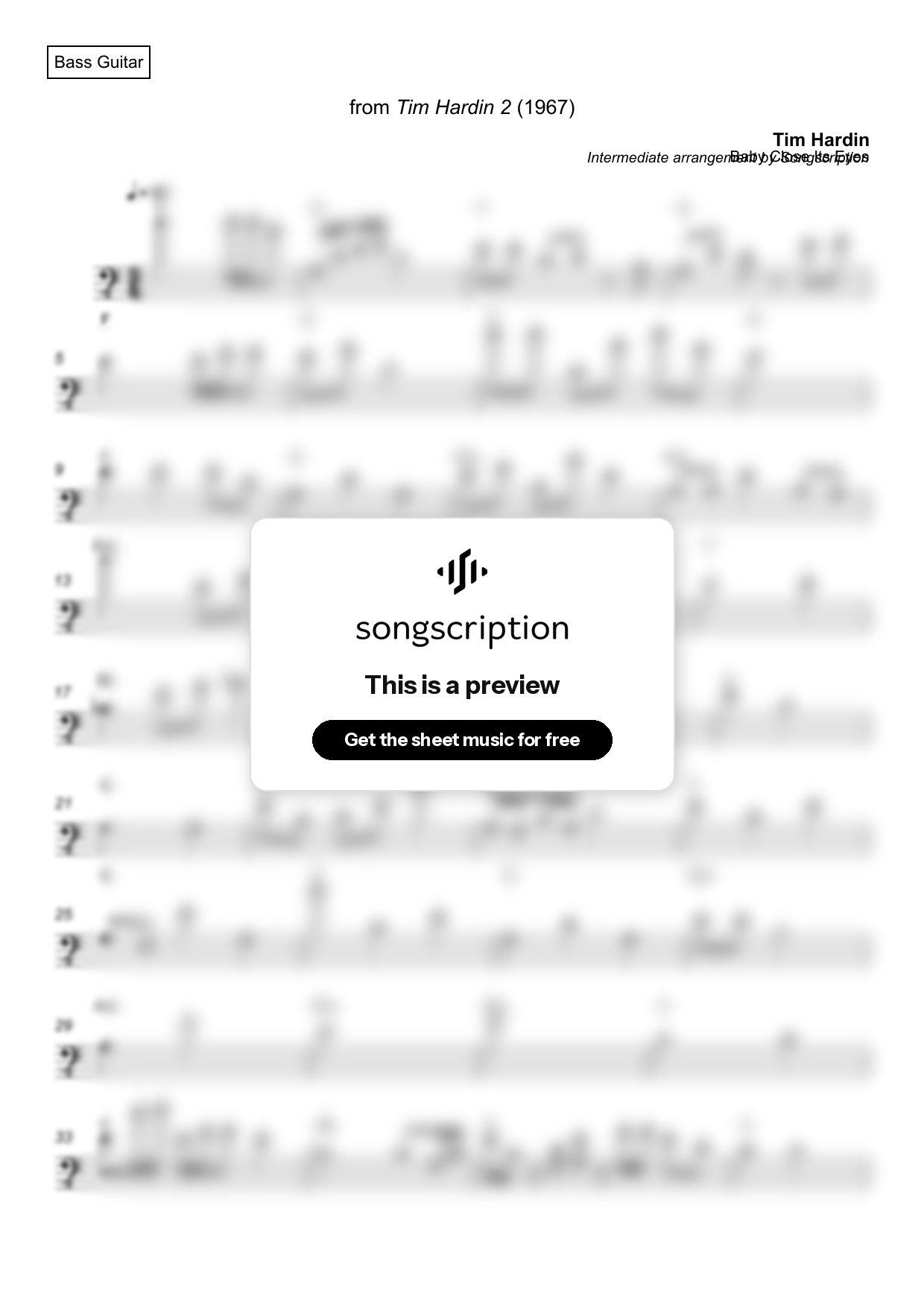 Intermediate Bass Guitar Sheet Music for "Baby Close Its Eyes" by Tim Hardin