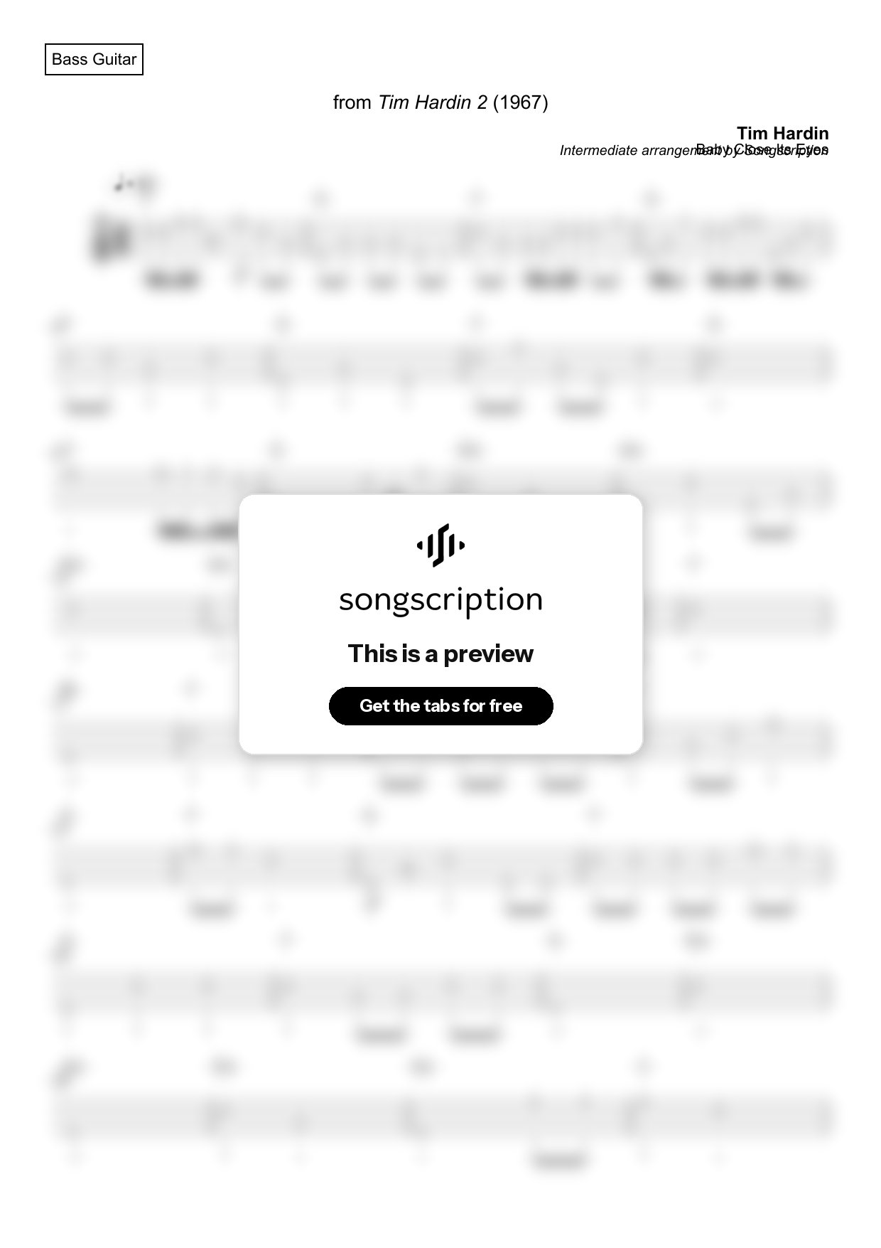 Intermediate Bass Guitar Tabs for "Baby Close Its Eyes" by Tim Hardin